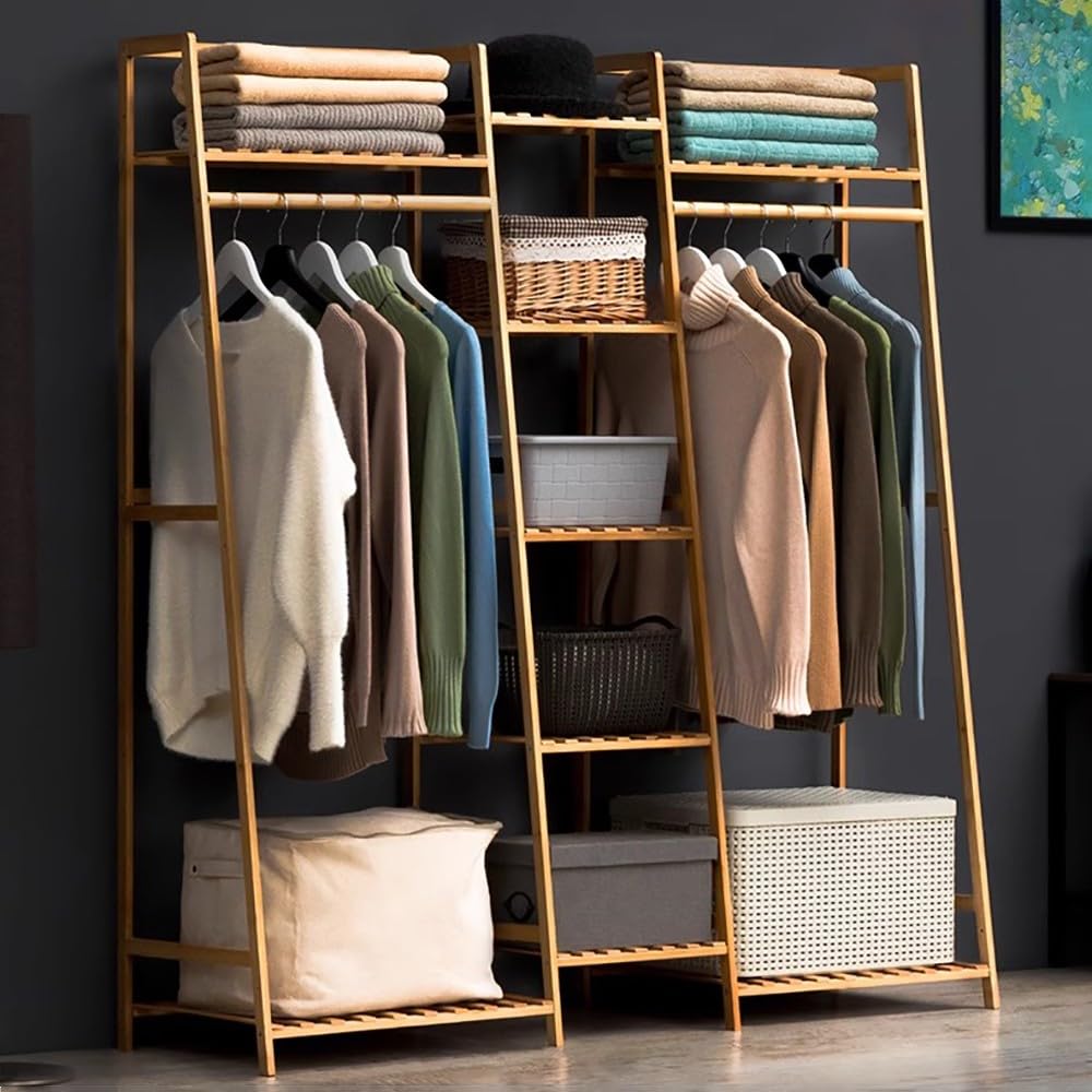 angrounps Garment Rack with Storage Shelves Back and Tidy Rail, Bamboo Clothes Rail, Open Wardrobe Closet, Clothing Standing Rack for Bedroom Hallway Entryway 160x40x140cm