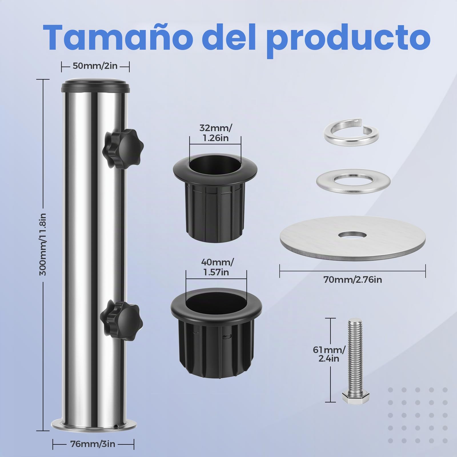 Soporte Sombrilla de Acero Inoxidable Parasol | Base Tube para Sombrilla con 3 Anillos Reductores de PVC (Ø32mm/40mm/50mm) para Exteriores Jardín Patio Balcón