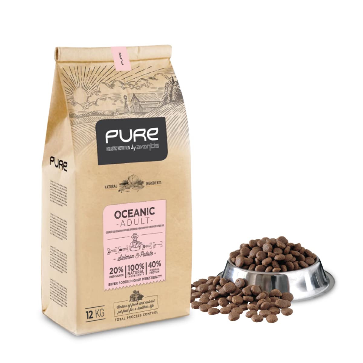 Pure Oceanic Adult Salmón y Patata 12 kg – Pienso Holístico con Carne Fresca para Perros Adultos – Estómago Sensible – Omega 3 y 6
