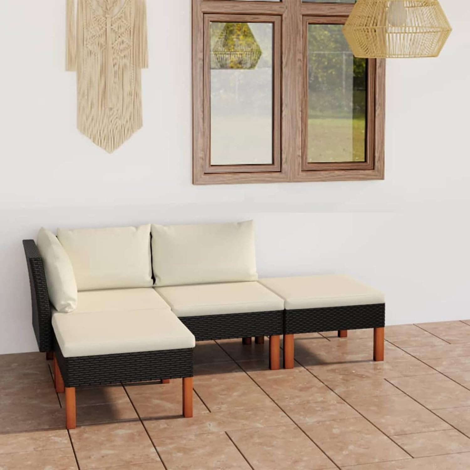 Deufre Sofá Exterior,Lounge Sofá,Conjunto Jardín 6 Piezas de Ratán, Muebles de Terraza,Sofa Jardin Exterior,Muebles Jardin con Cojines para Terraza Balcón (Negro)
