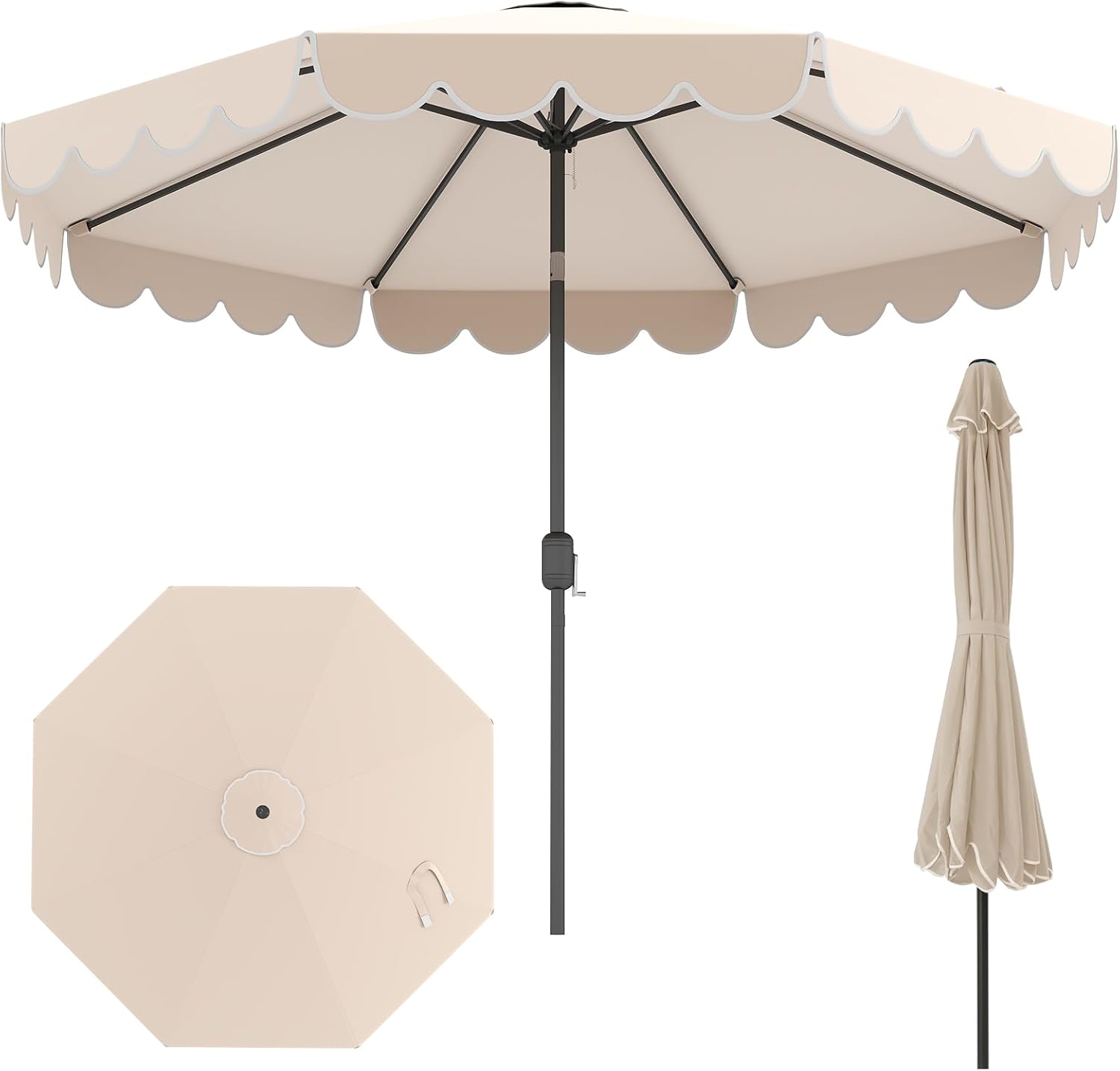 TANGZON 2.7/3M Ruffled Patio Umbrella, Garden Market Parasol with Crank Handle, Tilt Adjustment, 8 Ribs, Vented Top & Ruffled Edges, Double-Tier Offset Umbrella Sun Shade Canopy