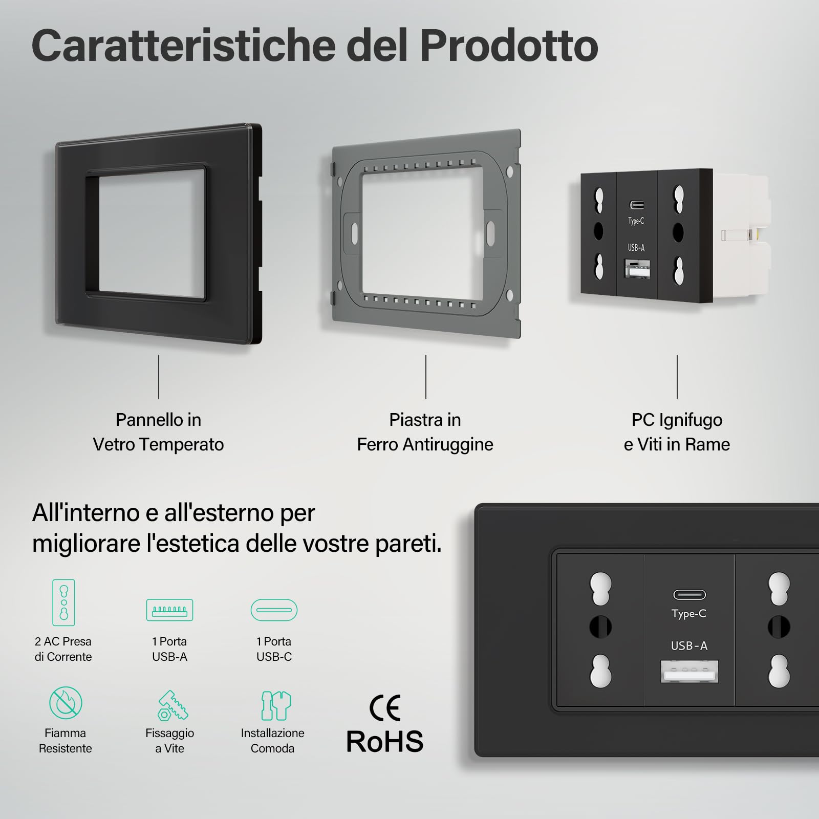 BSEED Prese Elettriche da Muro, Presa Bipasso con USB A e USB C, Presa Bivalente 10A/16A da Muro 118mm, Spina Italiana per Ufficio e Casa, Nero