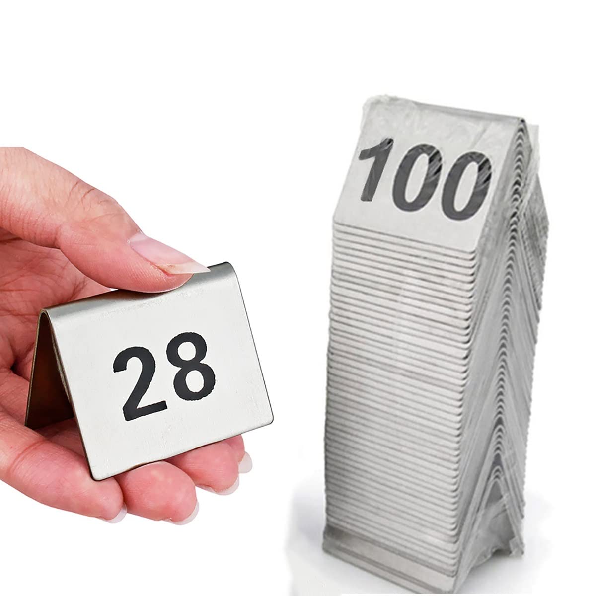 SaryEdge Table Numbers Stainless Steel, 1-25/50/100 Double Side Table Number Cards, Restaurant Seating Metal Stackable Table Numbers, Wedding Anniversary Event,1 to 100