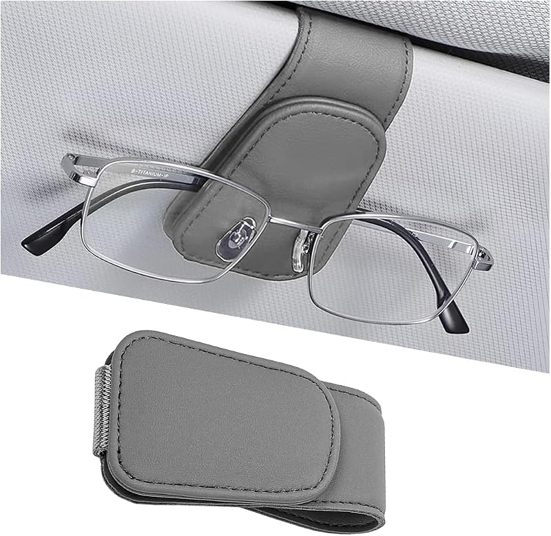 Porta-óculos magnético para para-sol automotivo em couro de microfibra com porta-cartões e clipe para ingressos Ywdiml, cinza