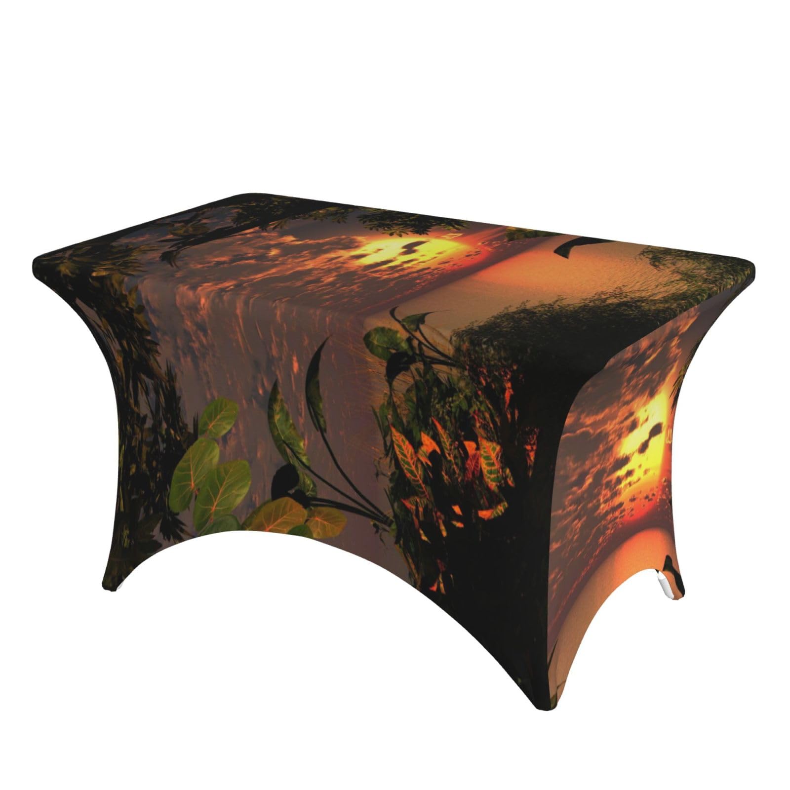 Dcehgew Sunset Painting 4Ft Spandex Rectangular Table Cloth, Printed Fitted Elastic Tablecloths Washable Table Cover For Event, Wedding, Banquet & Party