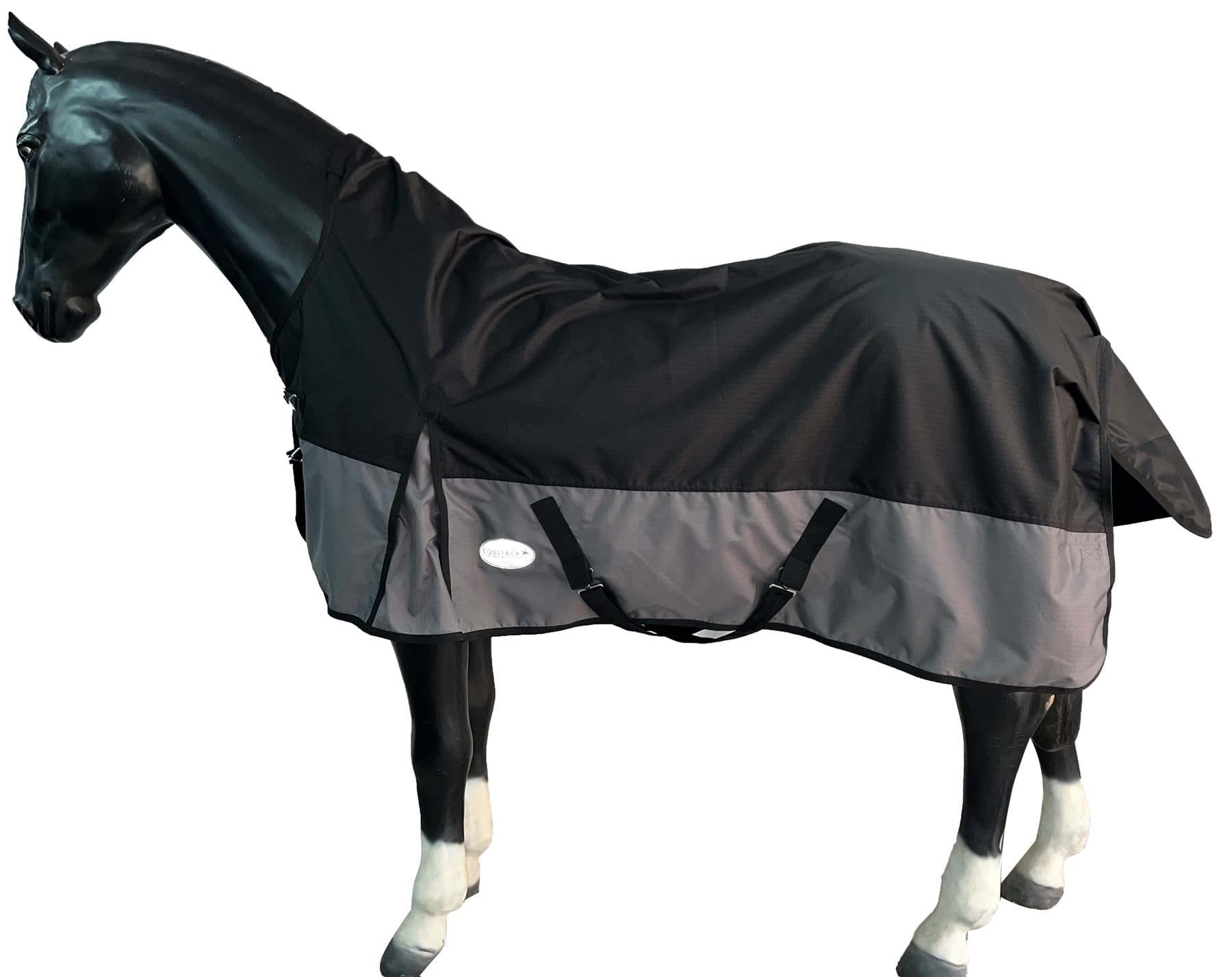 Equitack 600D Regendecke Pferd, 145cm | 0g Regular Fliegendecke Pferd 2-in-1 | wasserdichte Outdoordecke Pferd | Schwarz/Grau