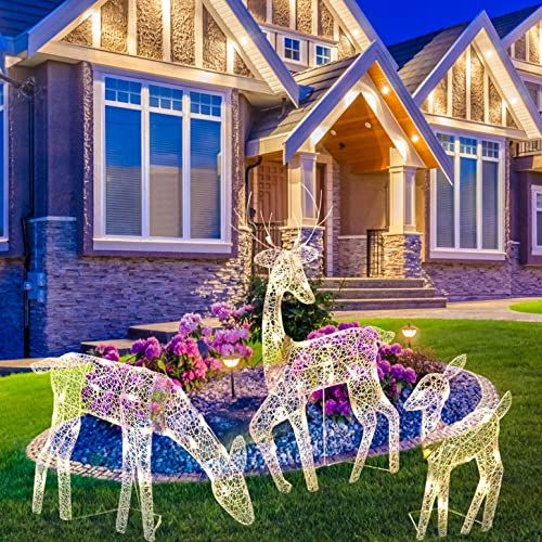 Naladoo 3-Piece Lighted Christmas Deer Family Set - White Glittered Male Deer, Female Deer and Fawn, Outdoor Christmas, Winter Decoration for Front Yards