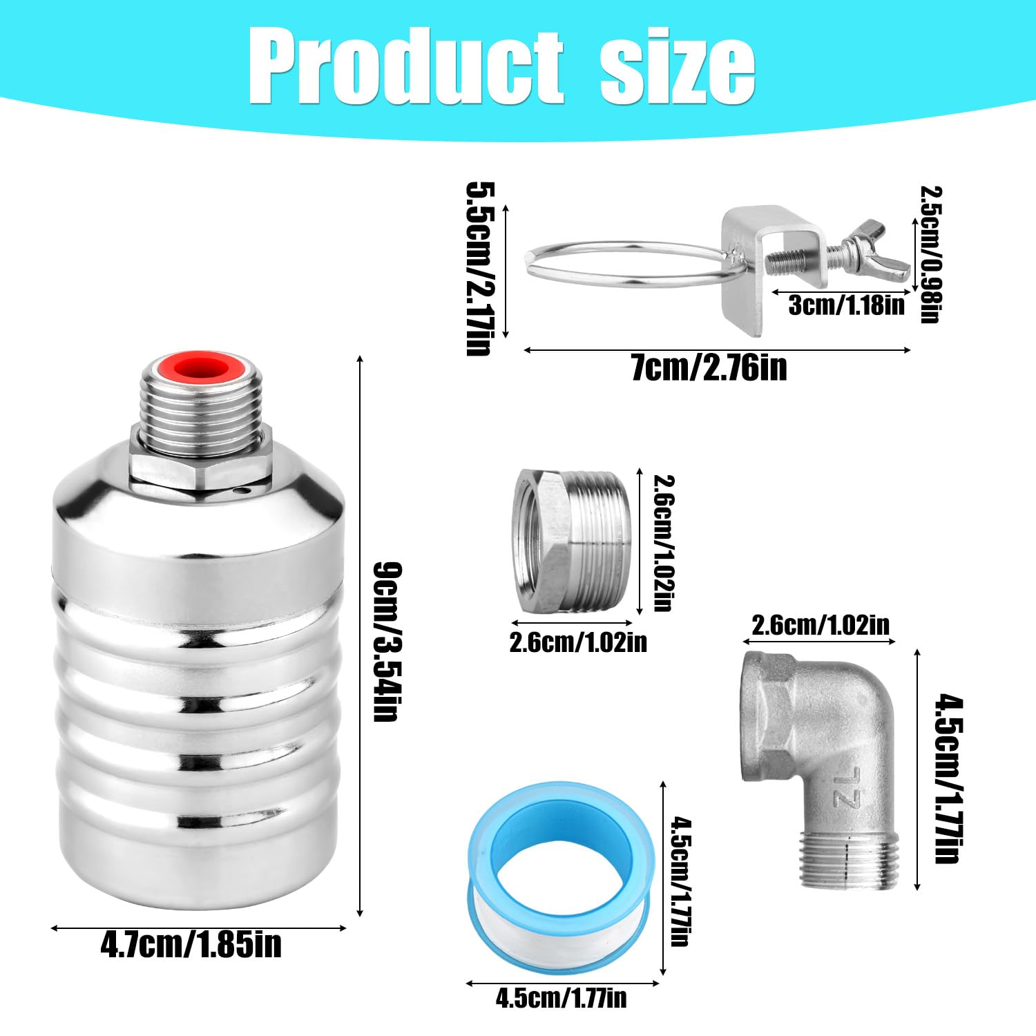 Kit de 4 Válvulas de Flotador Agua, Válvula Flotador Control Automático Nivel Agua Acero Inoxidable 1/2" a 3/4'' para Acuario Piscina Pecera Abrevadero para Ganado Destilador