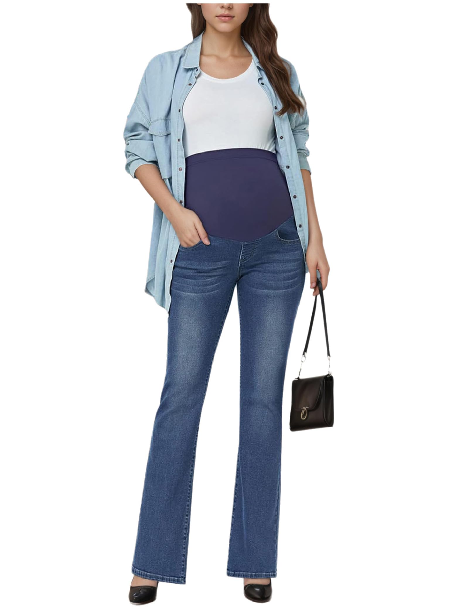 Pantalon de grossesse pour femme - Pantalon en jean évasé - Avec poches - Taille haute - Extensible