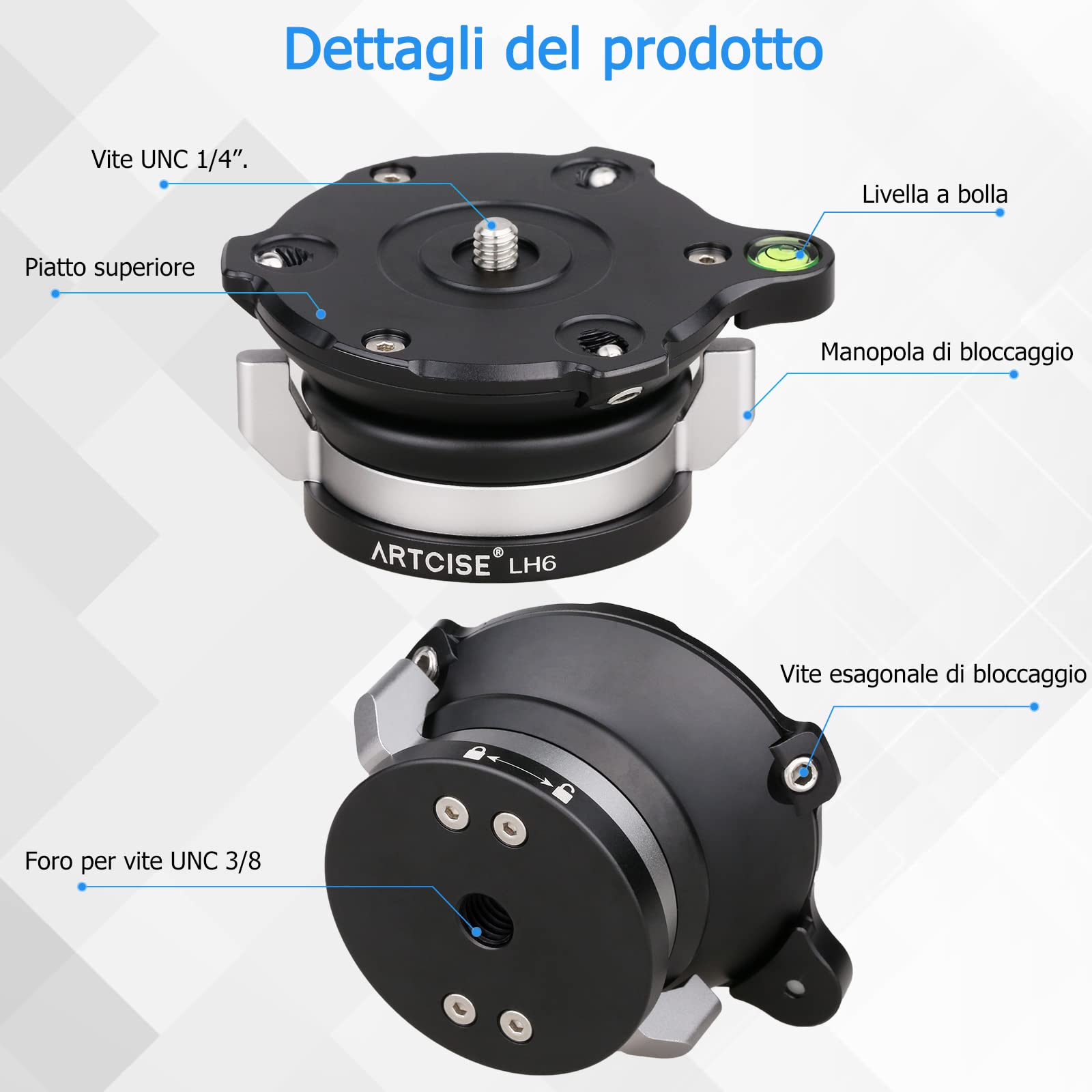 ARTCISE LH6 base di livellamento, manopola di bloccaggio ergonomica +/-15° inclinazione orizzontale regolazione testa del treppiede per Canon Nikon Sony fotocamera DSLR, carico massimo 20kg
