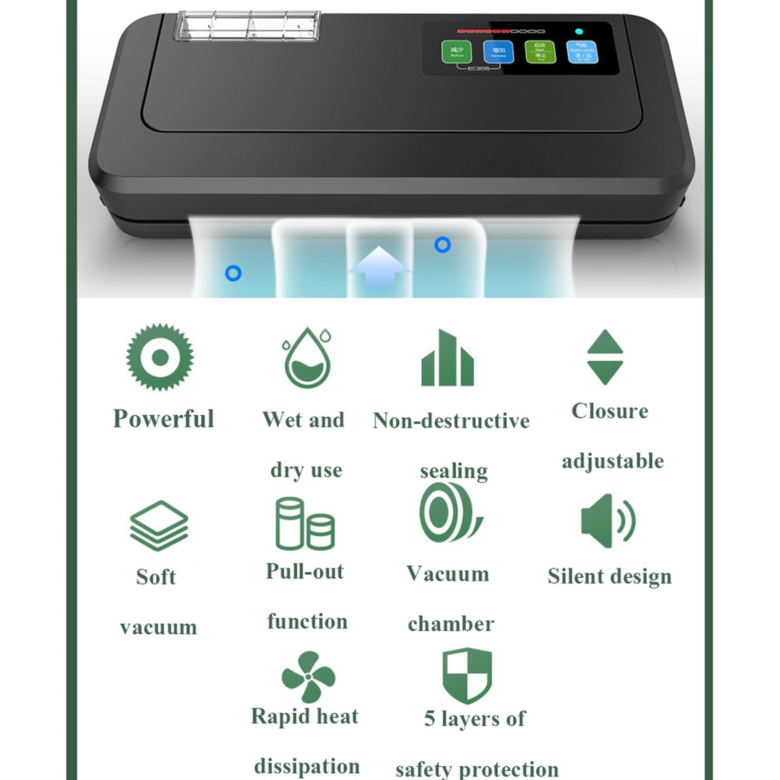 Sellador al vacío, sin necesidad de bolsas especiales, máquina comercial de conservación de alimentos húmedos y secos para el hogar con 10 bolsas selladas sin BPA,Blue