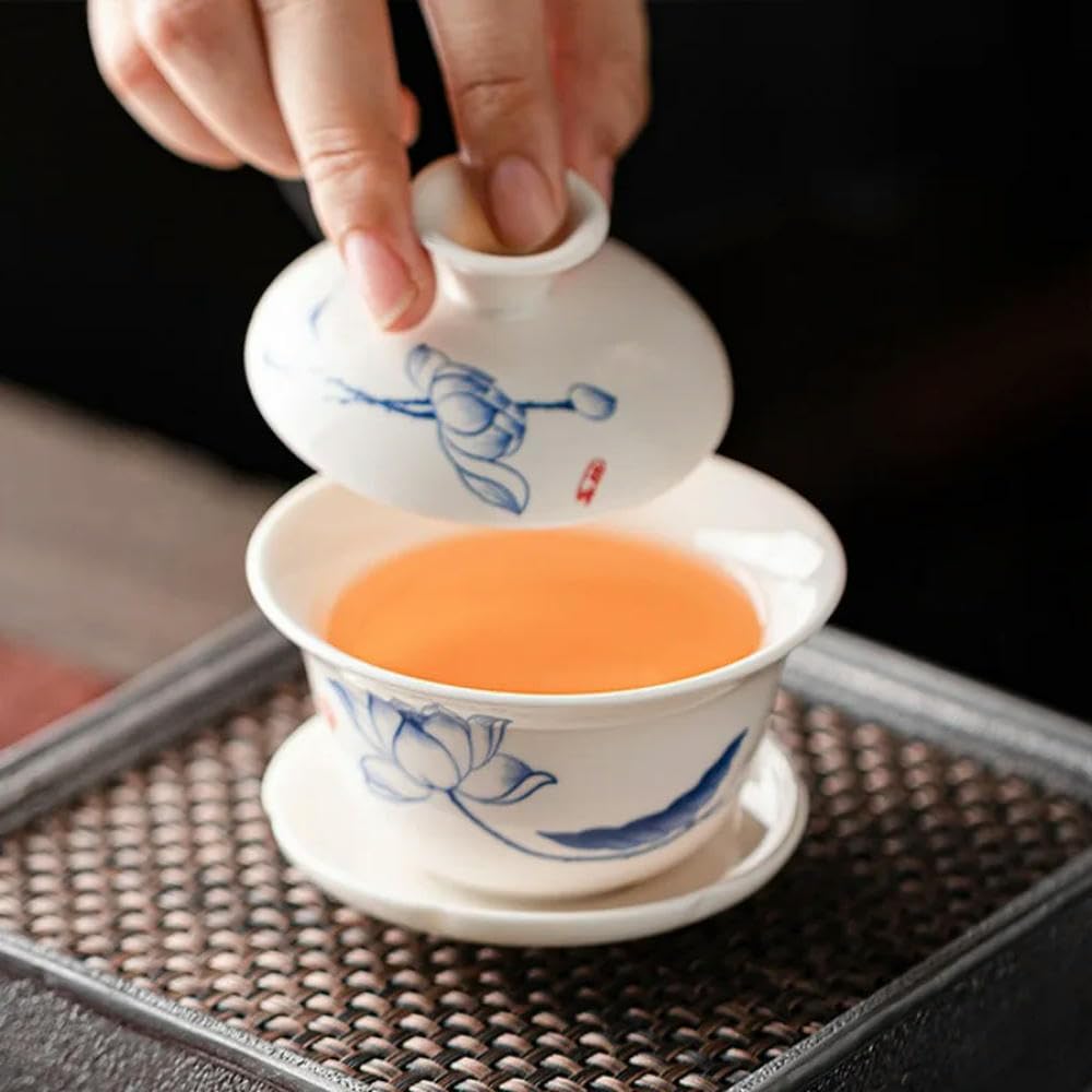 Porcelanowy zestaw do herbaty Gaiwan Kung Fu, Ceramiczny, niebiesko-biały zestaw do herbaty Kung Fu Gaiwan z pokrywką i spodkiem, 100120 ml(Sku16 120ml)