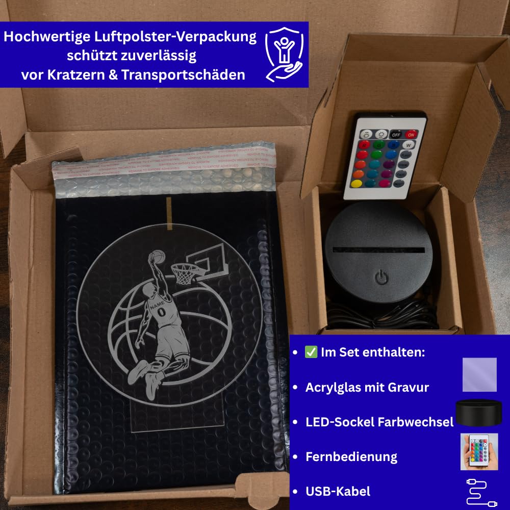 Personalisierte Basketball Lampe mit Name & Nummer – LED Nachtlicht Kinder Geschenk, Basketball Spieler Deko, Sport Geschenkidee Junge, 16 Farben dimmbar