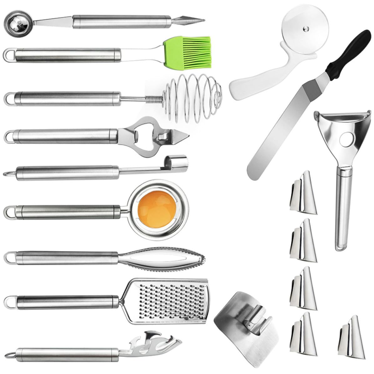 Set Utensili da Cucina 18 Pezzi in Acciaio Inox Argento | Spatola per Torte, Tagliapizza, Proteggi Dita, Silicone e Pp, Facile da Pulire e Riporre