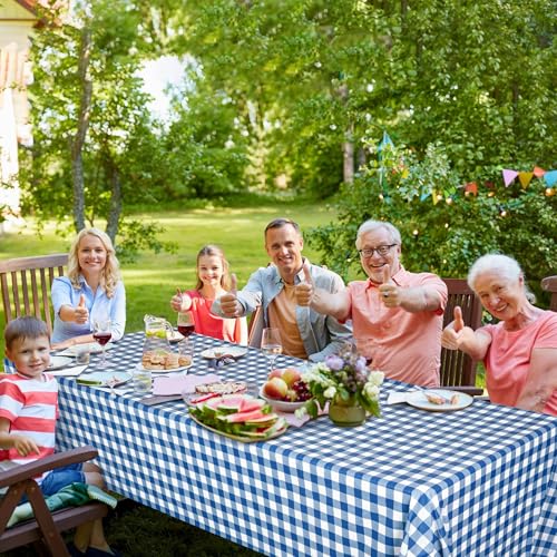 Image of Kochorie 54 Inch x 100 Ft Blue Checkered Plastic Table Cloth Roll Disposable Waterproof Table Cover Plastic Table Cover Roll with Easy Slide Cutter for Outdoor Picnic /Home Dining /Summer Party