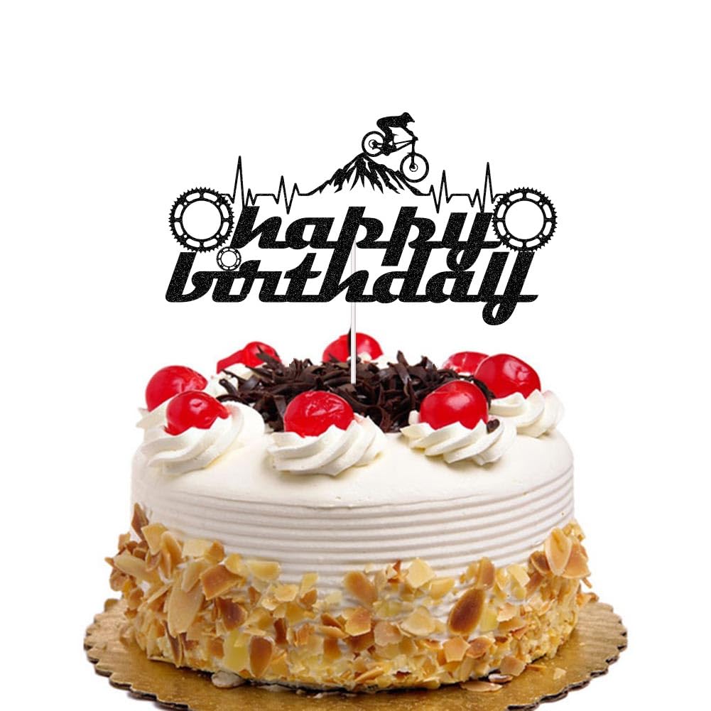 Mountain Biking Happy Birthday Cake Topper, Bicycle Birthday Cake Toppers, BMX Bike Themed Bday Party Decorations, Black Glitter