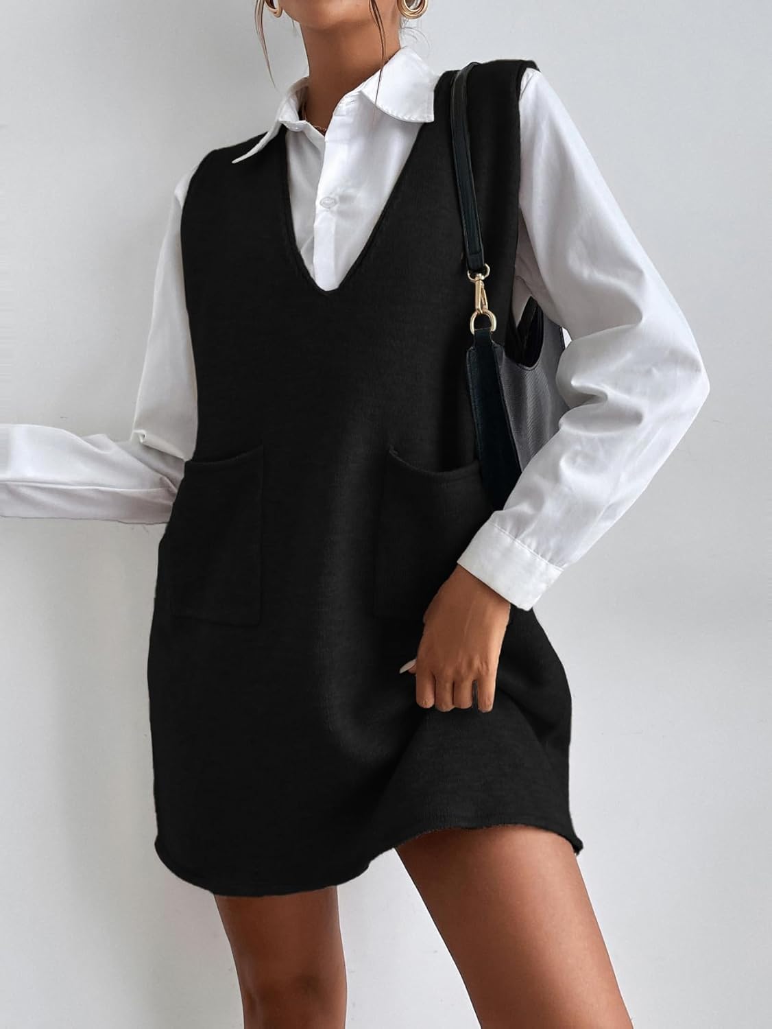 Women's V Neck Sleeveless Sweater Dress Long Knit Vest Oversized Casual Pullover Sweater Knit Dress with Pockets - Image 2