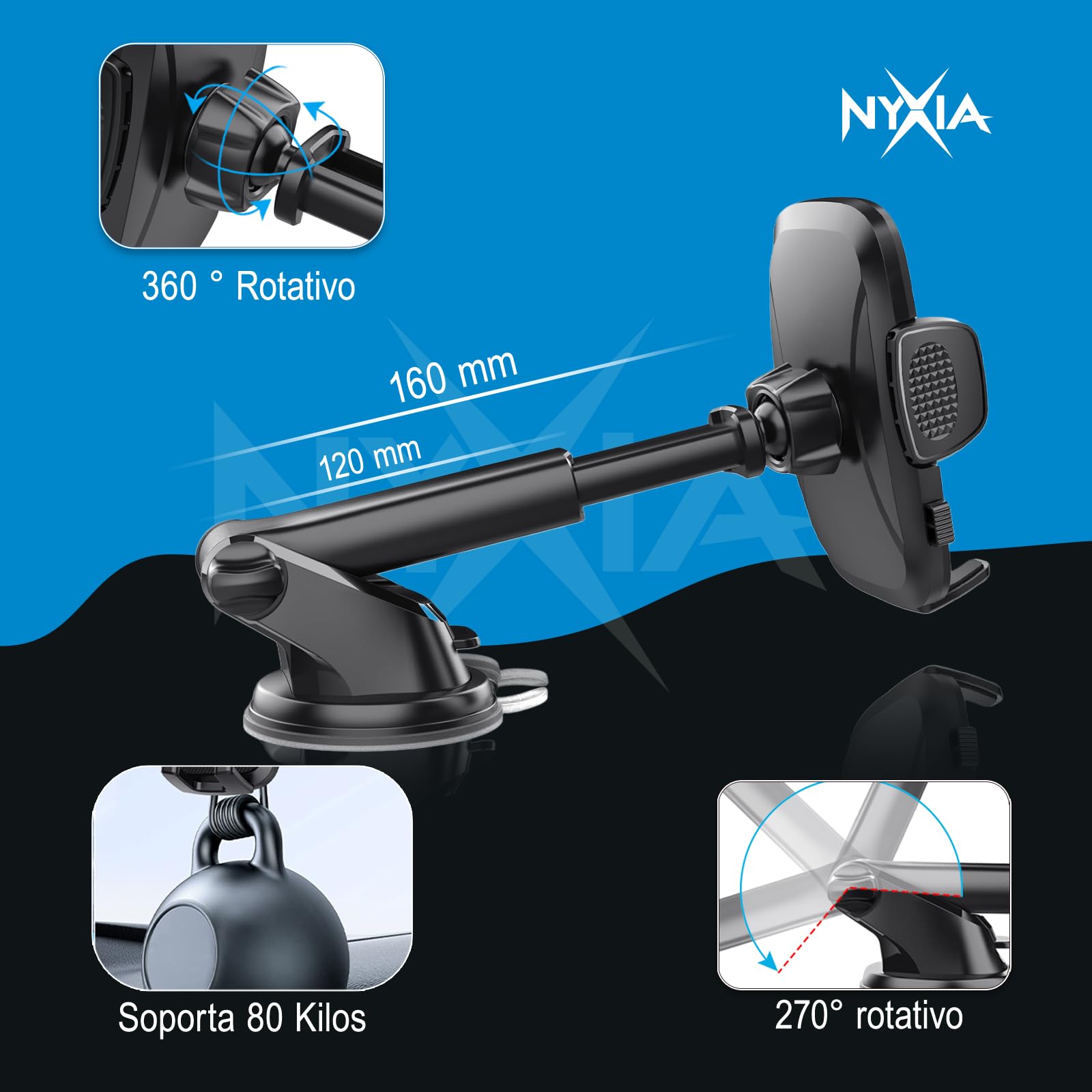 Nyxia® Soporte Movil Coche | Soporte Telefono Coche Universal | Potente Ventosa | Salpicadero/Parabrisas | Rotacion 360º | Compatible con Teléfono Móvil de 4” a 7” — view 4