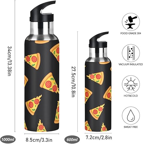 Miniatura 2 de Stainless Steel Vacuum Insulated Water Bottle 32 Oz, Leakproof Water Bottles for Gym Outdoor Travel School, Cartoon Slices Pizza Black