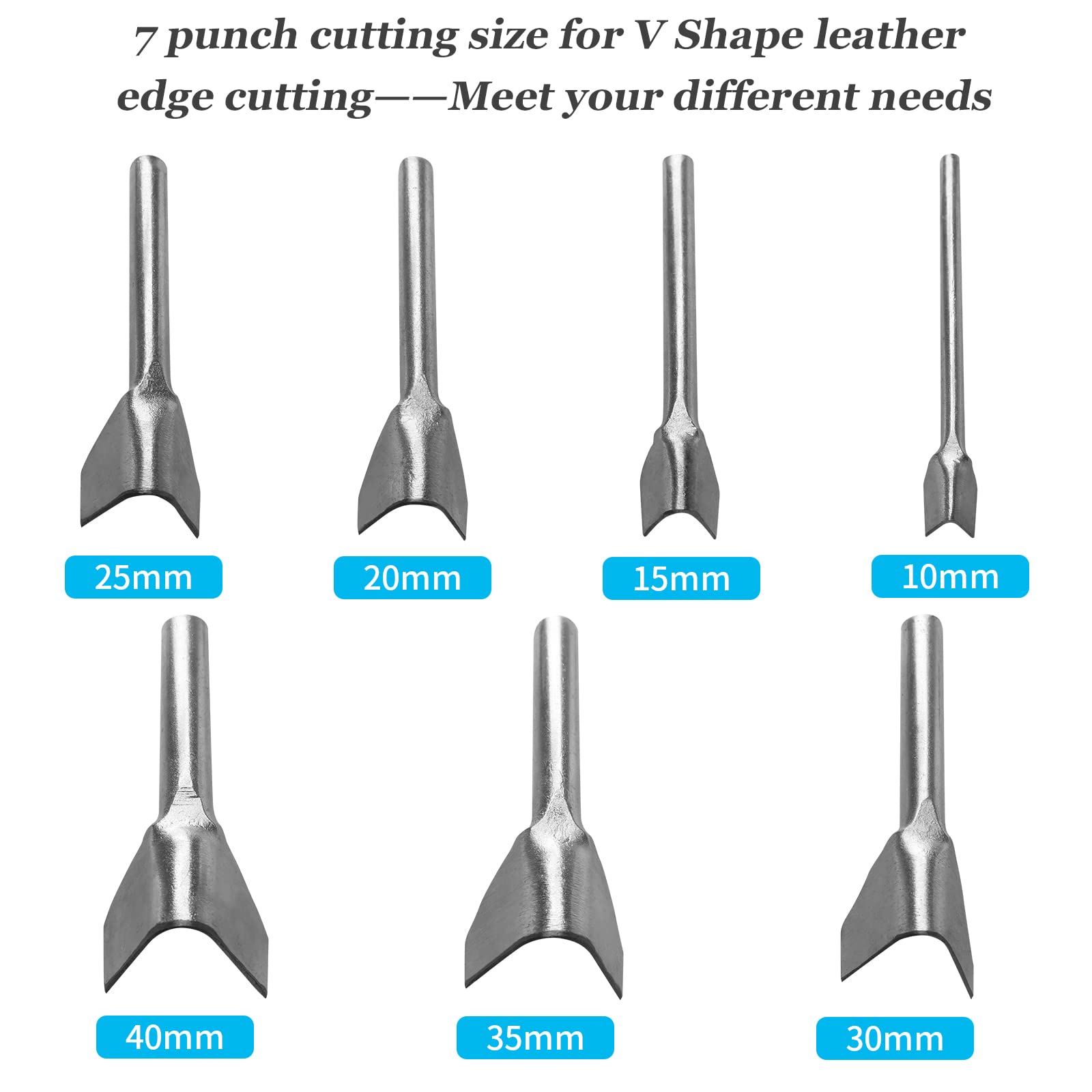 Rierdge 7pcs Leather Craft Cutter V-Shape Punch Cutting Tools for Belt Wallet Bag with 7 Sizes (10mm, 15mm, 20mm, 25mm, 30mm, 35mm, 40mm)