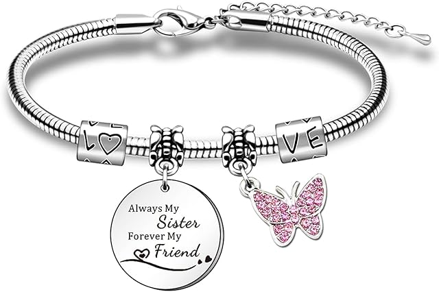 HULALA Sister Charm Bracelet Gifts From Sister For Birthday Christmas Always My Sister Forever My Friend Jewellery Gifts Pink Butterfly Pendant