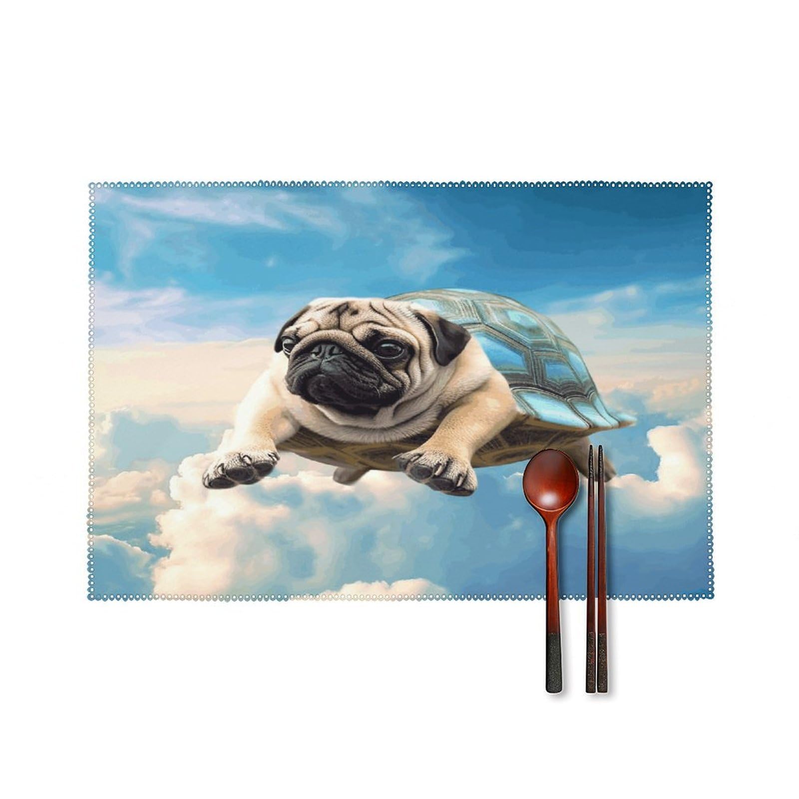 Funny Turtle Pug Dog in The Sky Placemats Set of 4 Heat Resistant Non-Slip Place Mats Reusable Dining Table Mats Canvas Place Mat Anti-Fading Waterproof Placemats for Dining Table Decor