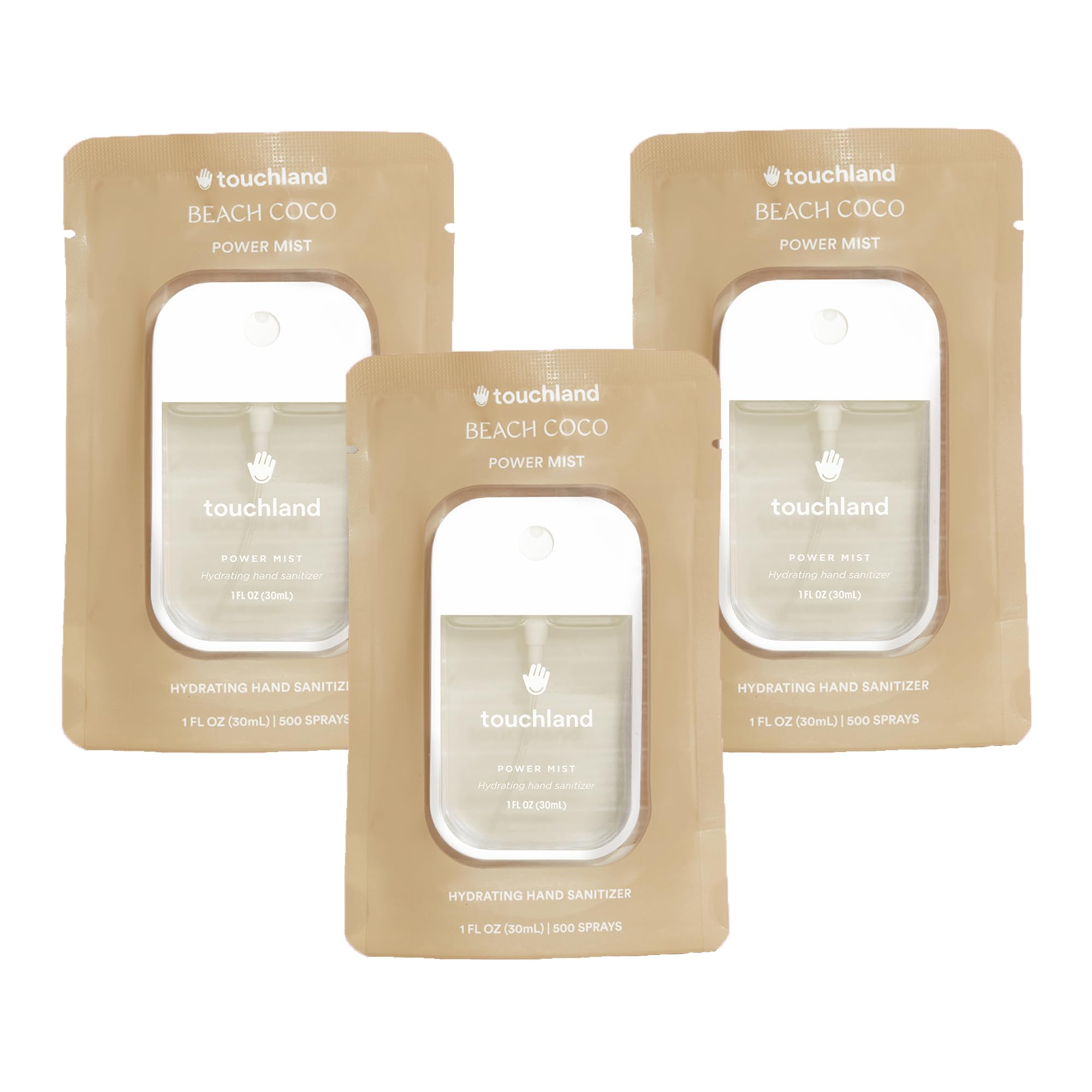 Touchland Hydrating Hand Sanitizer Spray, BEACH COCO Trio Set, 1 FL. OZ. Travel Size Power Mist Sprays (Set of 3)