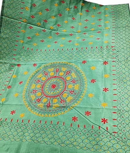 Image of SHRISTI CLOTHINGS Women's Hand Embroidered Cotton Silk Kantha Stitch Saree with Blouse Piece (J420724 BAYLEAFGREEN)