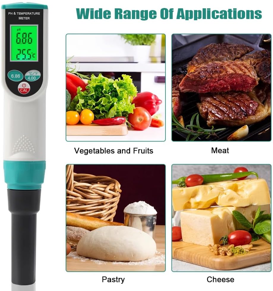 Portable Dough PH Test Pen, Digital Food PH Tester, with High Precision Sensitive Electrode, Large HD Screen, 0.00~14.00pH, Temperature 0~50℃, for Meat Canning Cheese Dough Water