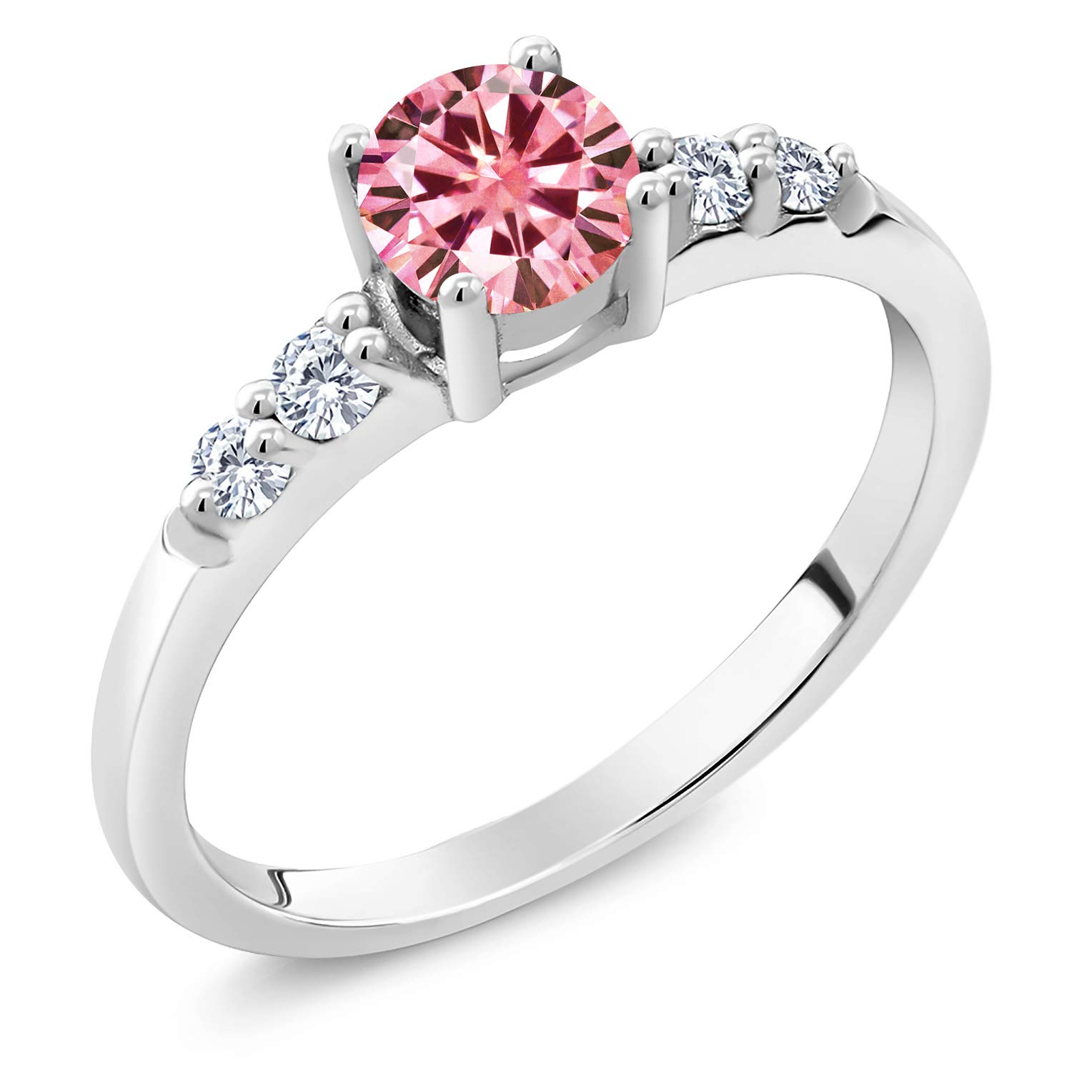 Gem Stone King925 Sterling Silver Round Pink Created Moissanite and White G-H Lab Grown Diamond Women Engagement Ring (0.65 Cttw, Available In Size 5, 6, 7, 8, 9)
