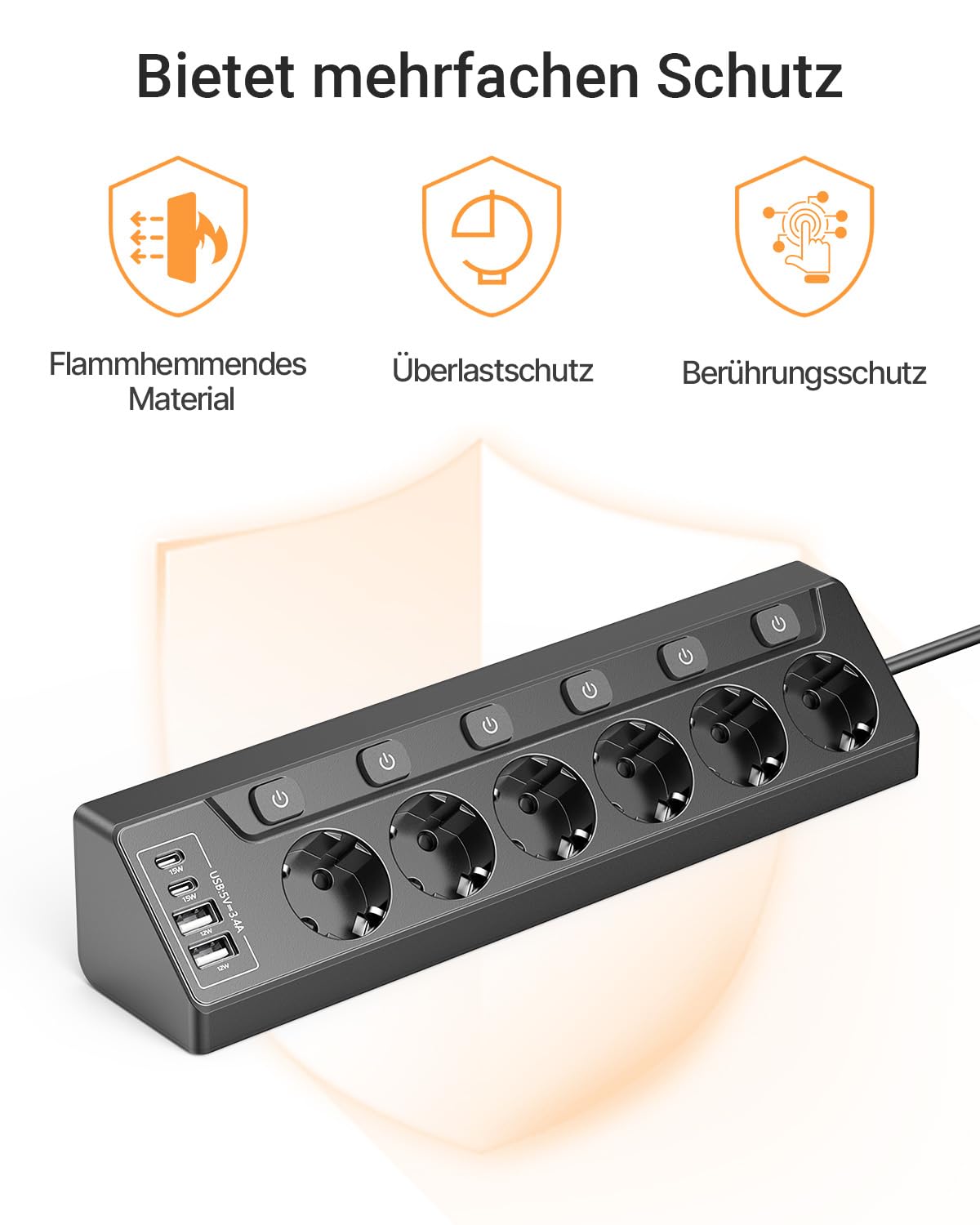 Ecksteckdosen-Steckdosenleiste, einzeln schaltbar, 6 Fach mit 4 USB (2X USB-C + 2X USB-A), Überspannungsschutz, Berührungsschutz, 2m Kabel, 3680W für Küche, Büro und Haushalt