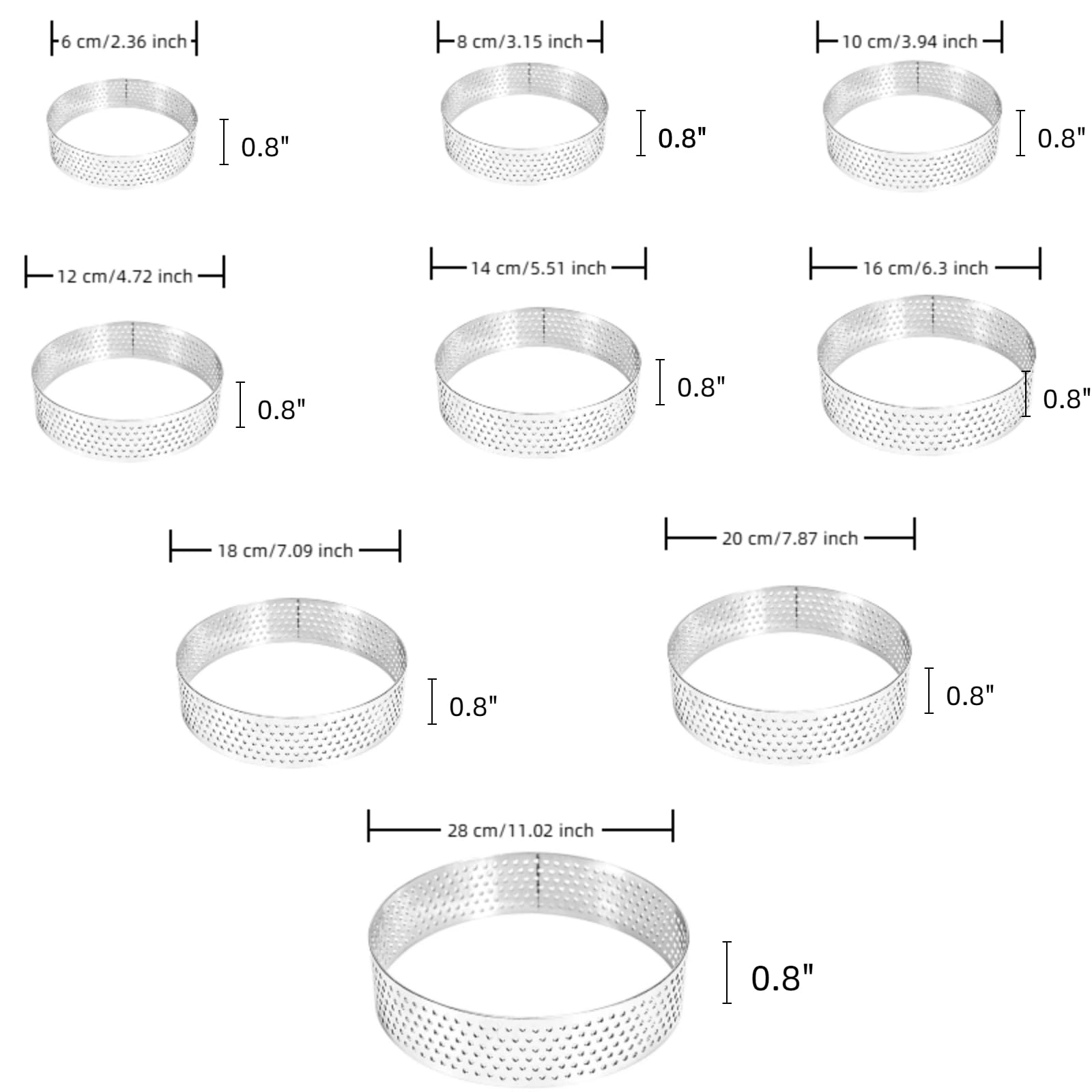 Lot de 10 anneaux à tarte perforés en acier inoxydable 304 anti-adhésif pour pâtisserie, dessert, petites croûtes de tartelettes aux fruits