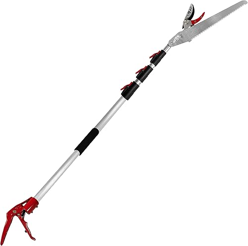 Podadora de árboles extensible de 5.4 a 14.8 pies, 4 secciones, cortadoras telescópicas de corte y sujeción, sierras de poste, tijeras de podar de