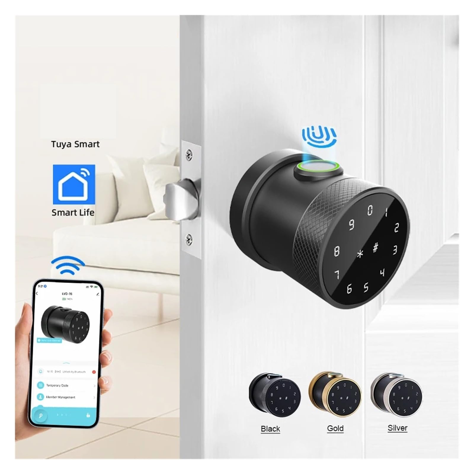 L16A Bluetooth Smart Fingerabdruck-Riegelschloss, schlüssellos, runder Knauf (Silber)