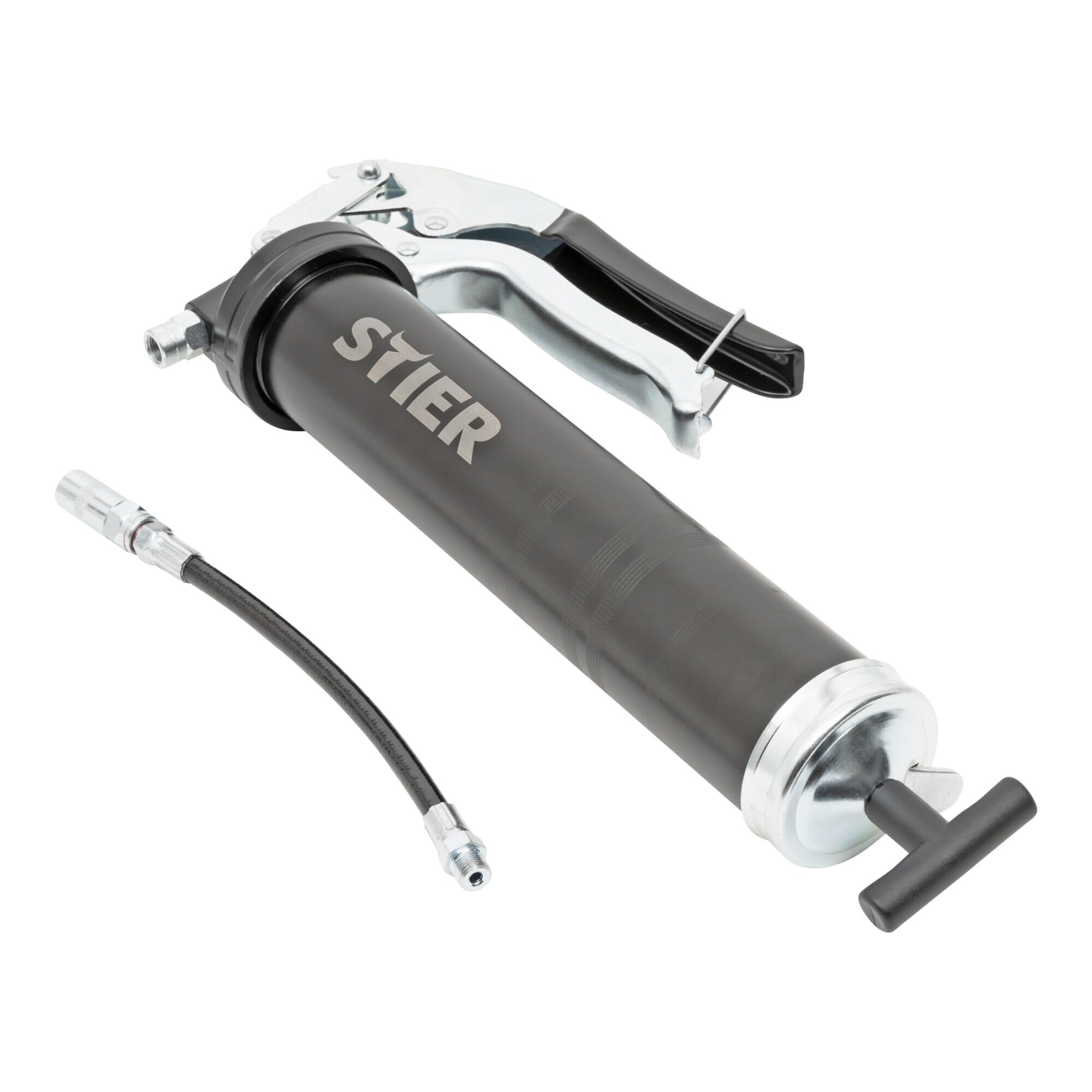 STIER Einhand-Fettpresse mit Nylonschlauch, Arbeitsdruck 410 bar, Kompatibel mit allen gängingen Fettkartuschen, ergonomischer Anti-Rutsch-Pistolengriff, Schmierpresse