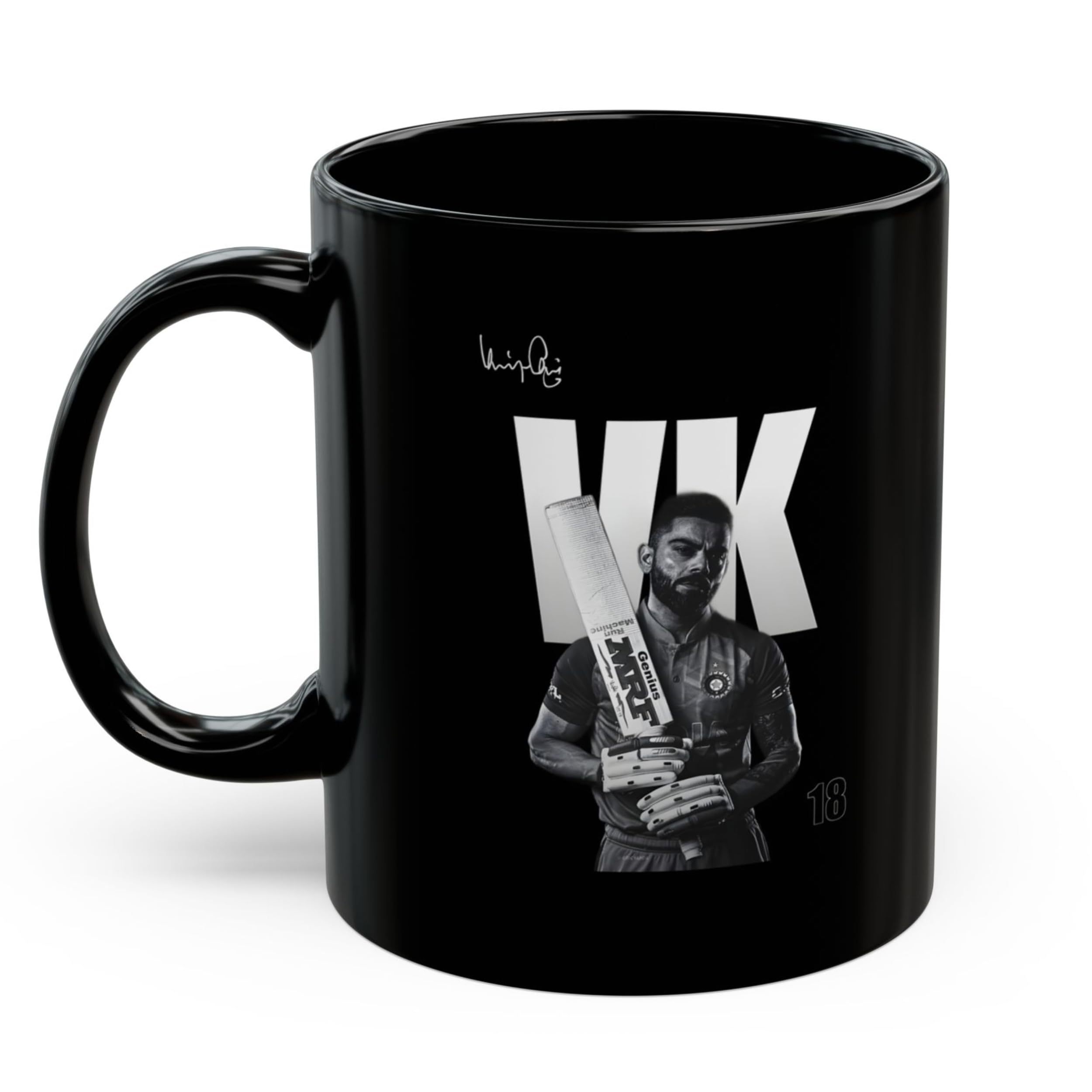 DC ENTERPRISES Virat Kohli Black Ceramic Coffee Mug | VK Signature Design Tea & Coffee Cup | Premium Glossy Finish | Cricket Fan Gift for Men & Women | Microwave & Dishwasher Safe | 350 ml