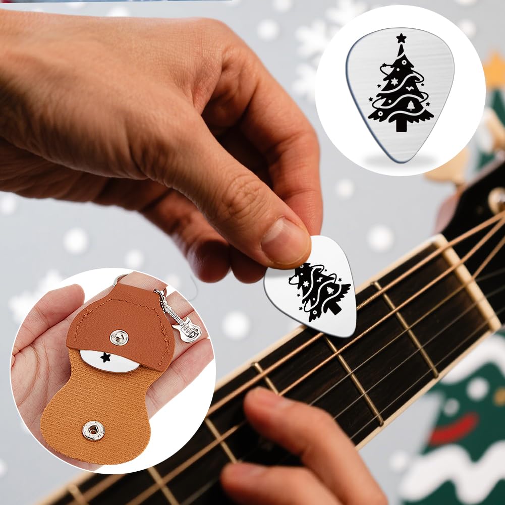 UNICRAFTALE 2Pcs 2 Styles Merry Christmas Tree Guitar Picks Stainless Steel Guitar Pick Keychain with Brown PU Leather Case Inspirational Plectrum Guitars Christmas for Musician Lover Gifts - Image 3
