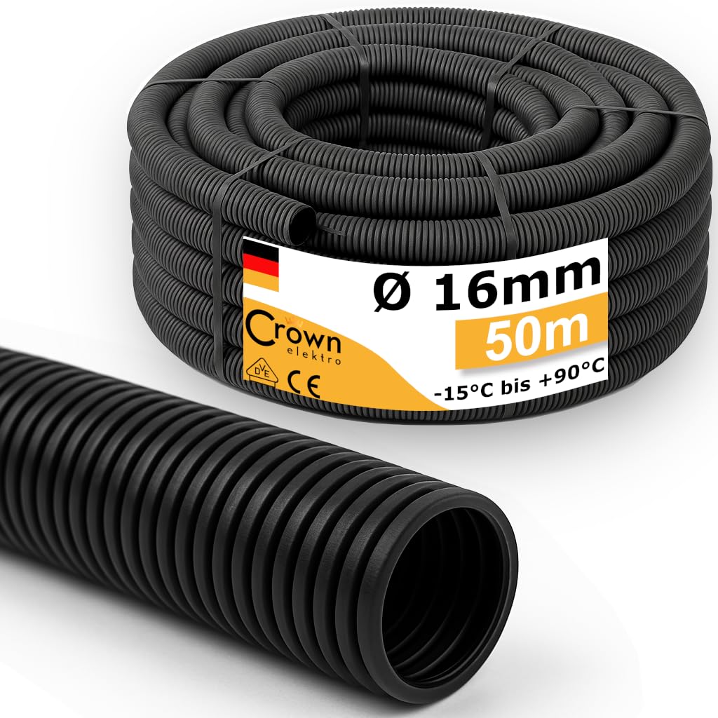 Wellrohr M16 UV-Beständig | 50m Leerrohr ungeschlitzt - Innendurchmesser 10,5mm - Flexrohr Kabelschlauch für Erdkabel nach DIN EN 61386-22 flammwidrig, flexibel für leichte Kabelverlegung