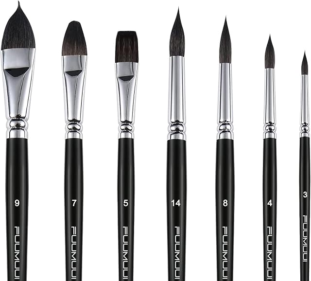 Watercolor Paint Brushes Set 7pcs Professional Superior Soft Squirrel Hair Watercolor Brushes for Artists - Pointed Rounds, Cat's Tongue, Oval Wash, Flat, Filbert for Watercolor Gouache Inks Painting