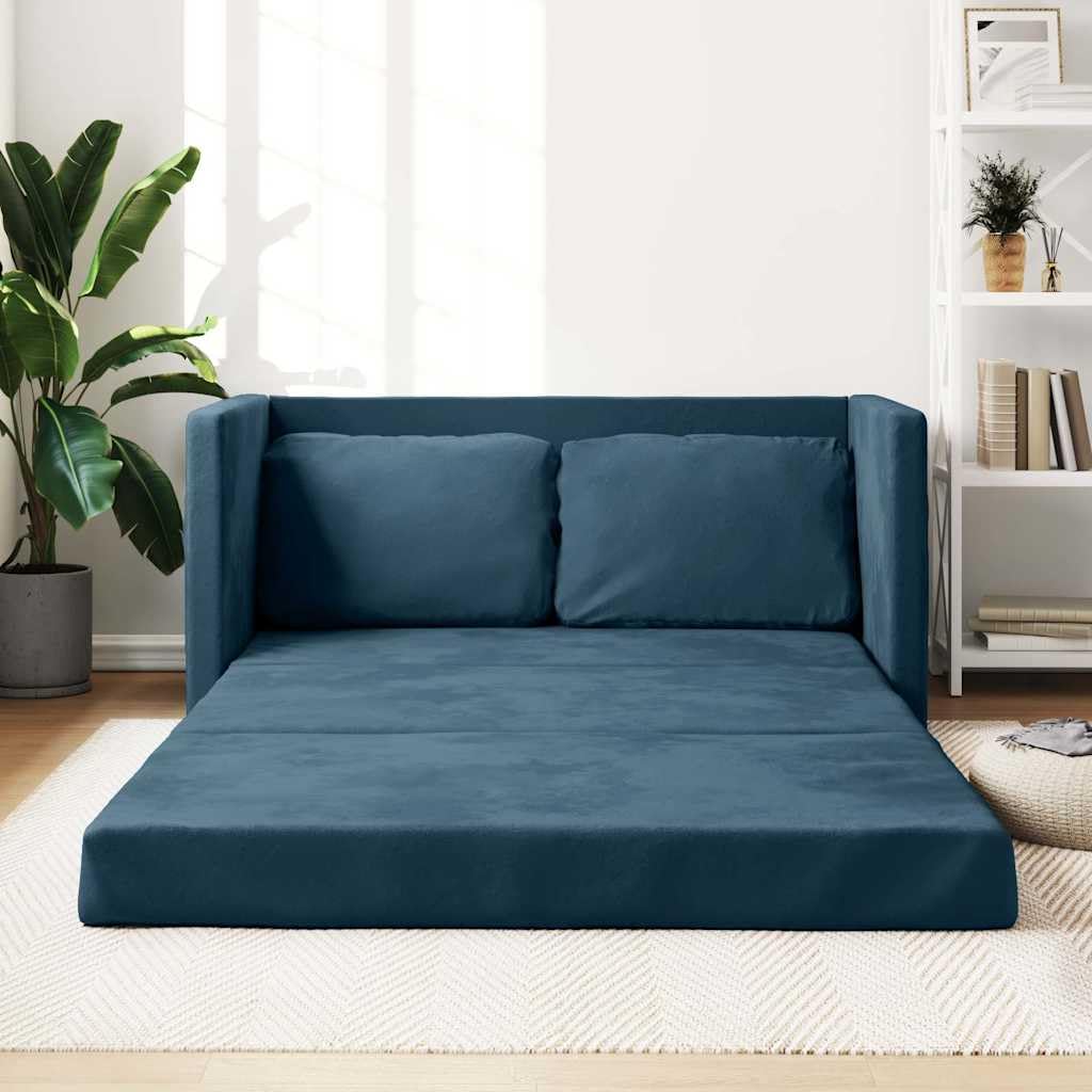 Sofá de suelo azul con función de dormir 122 x 204 x 55 cm terciopelo 2 en 1 sofá cama con espacio de almacenamiento, cojines, reposabrazos para salón, habitación de invitados, oficina y