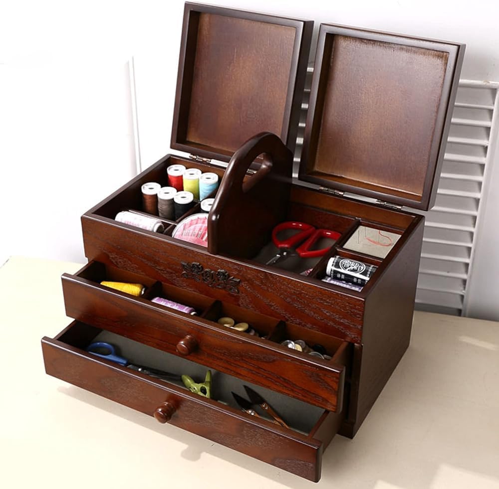 Caja de costura de madera, cestas de costura grandes con 2 cajones, organizador de herramientas de costura con compartimento, fácil de llevar, para el hogar y bordado