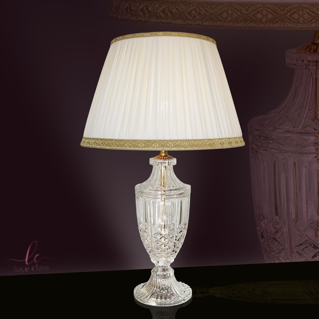 Generico LUCECLASS - Lampada da tavolo classica in puro cristallo e ottone con paralume seta plissé, lume classico elegante di lusso per salotto, salone, hotel, contract