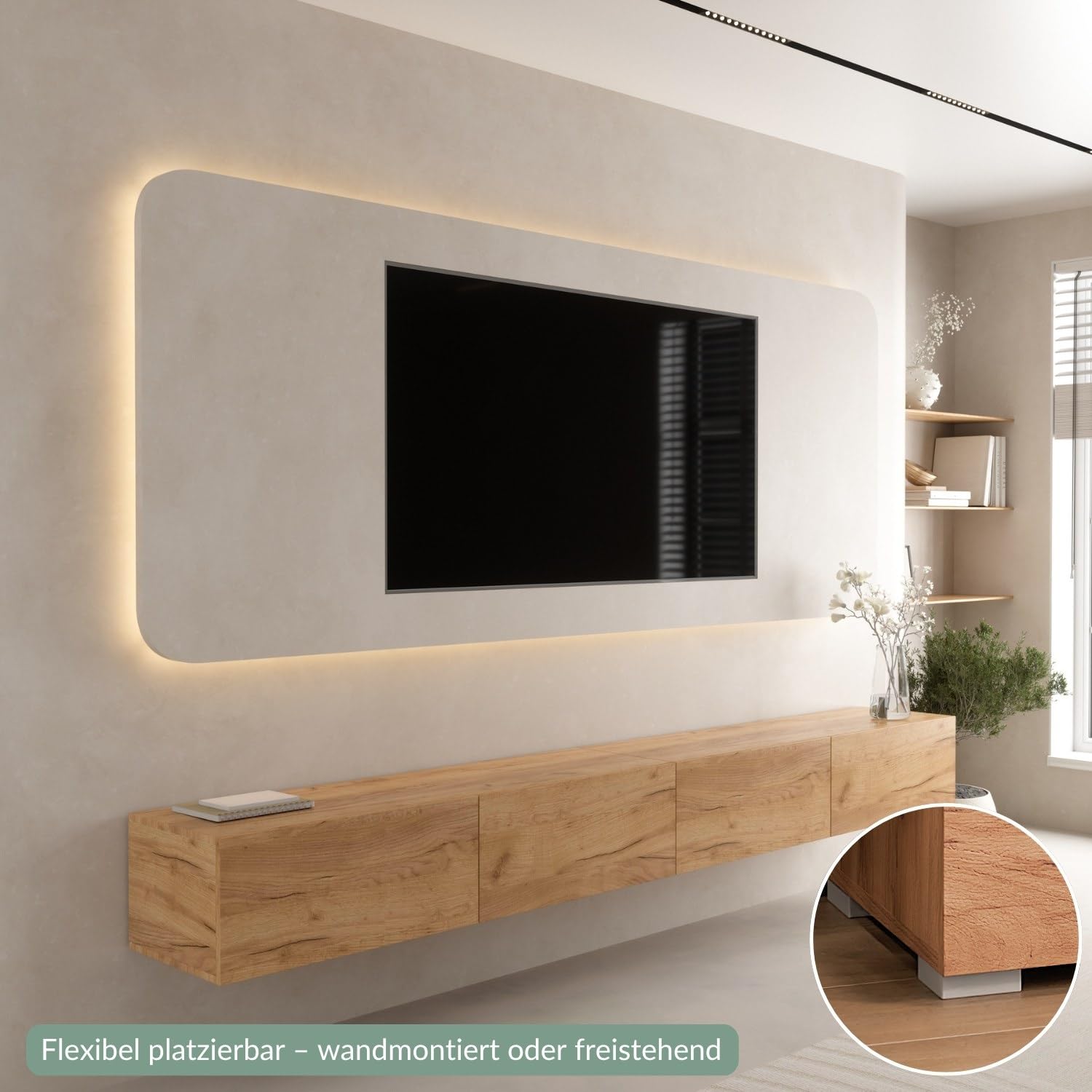 Planetmöbel West TV-Schrank, Fernsehtisch 280 cm lang, TV-Board | für Fernseher bis 65 Zoll, TV Board viel Stauraum, lowboard hängend, 2x Fernsehschrank 140 x 30 x 37,5 cm, gold eiche