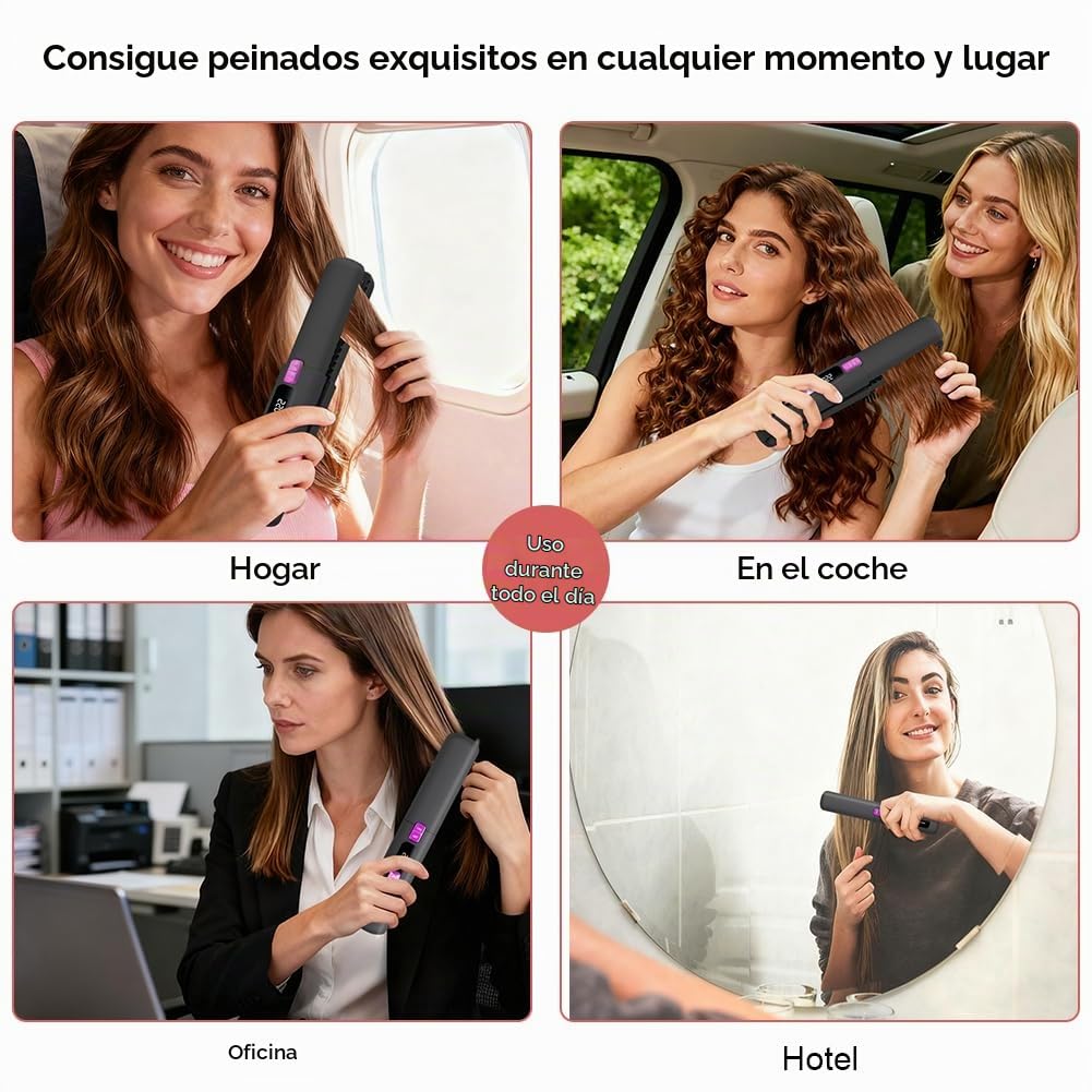 Plancha de Pelo Inalámbrica, 160-220°C Plancha Pelo Viaje 2 en 1, Portátil Mini Rizador Pelo, Iones Negativos Anti-estática Reducir el Daño Capilar,Calentamiento Rápido,6 Niveles,Pantalla LCD C