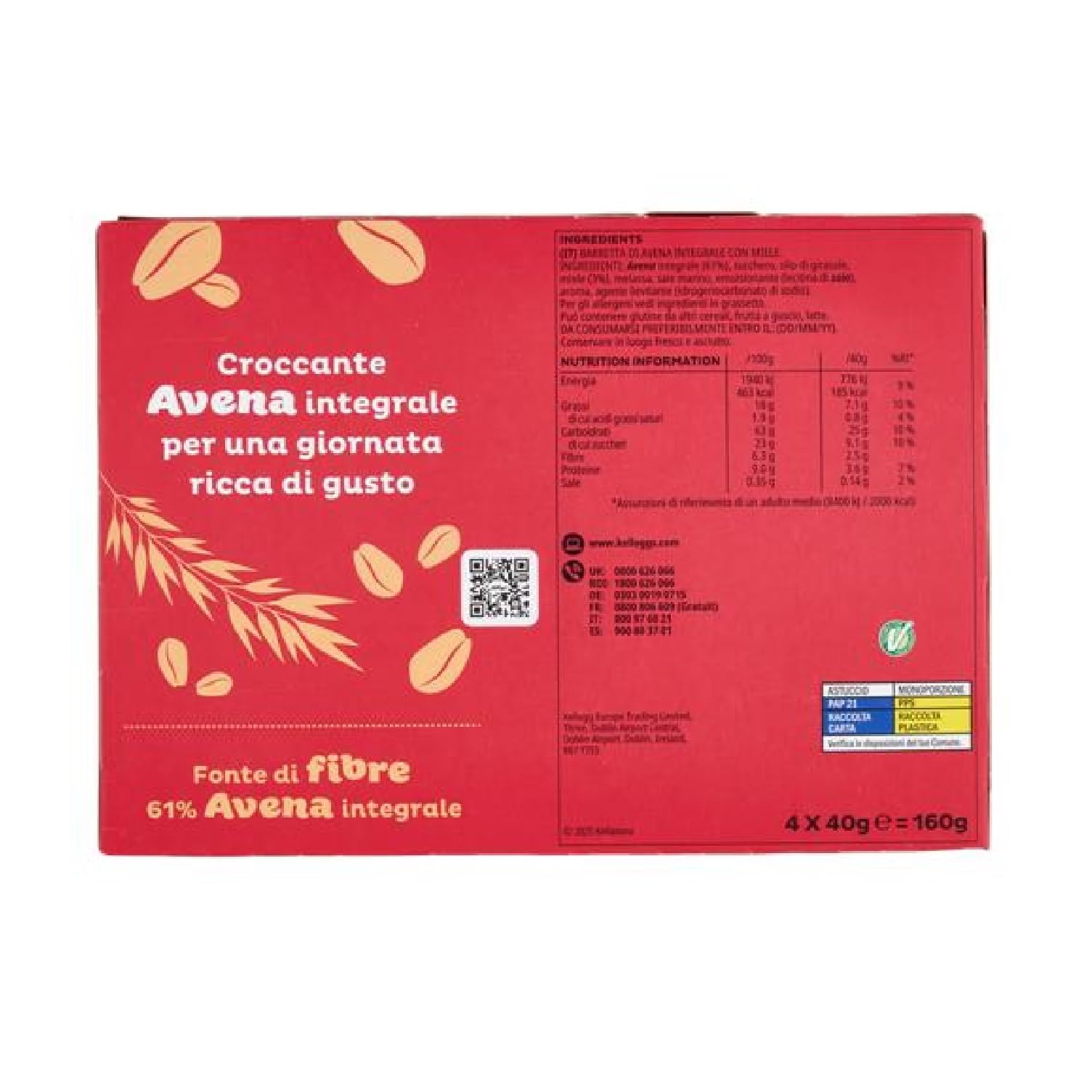 Kellogg's Oaties Barretta miele e avena (4 x 40 g) 160 g, barritas de miel y avena, 10 unidades (4 x 40 g) + Polpa italiana Gourmet 400 gr