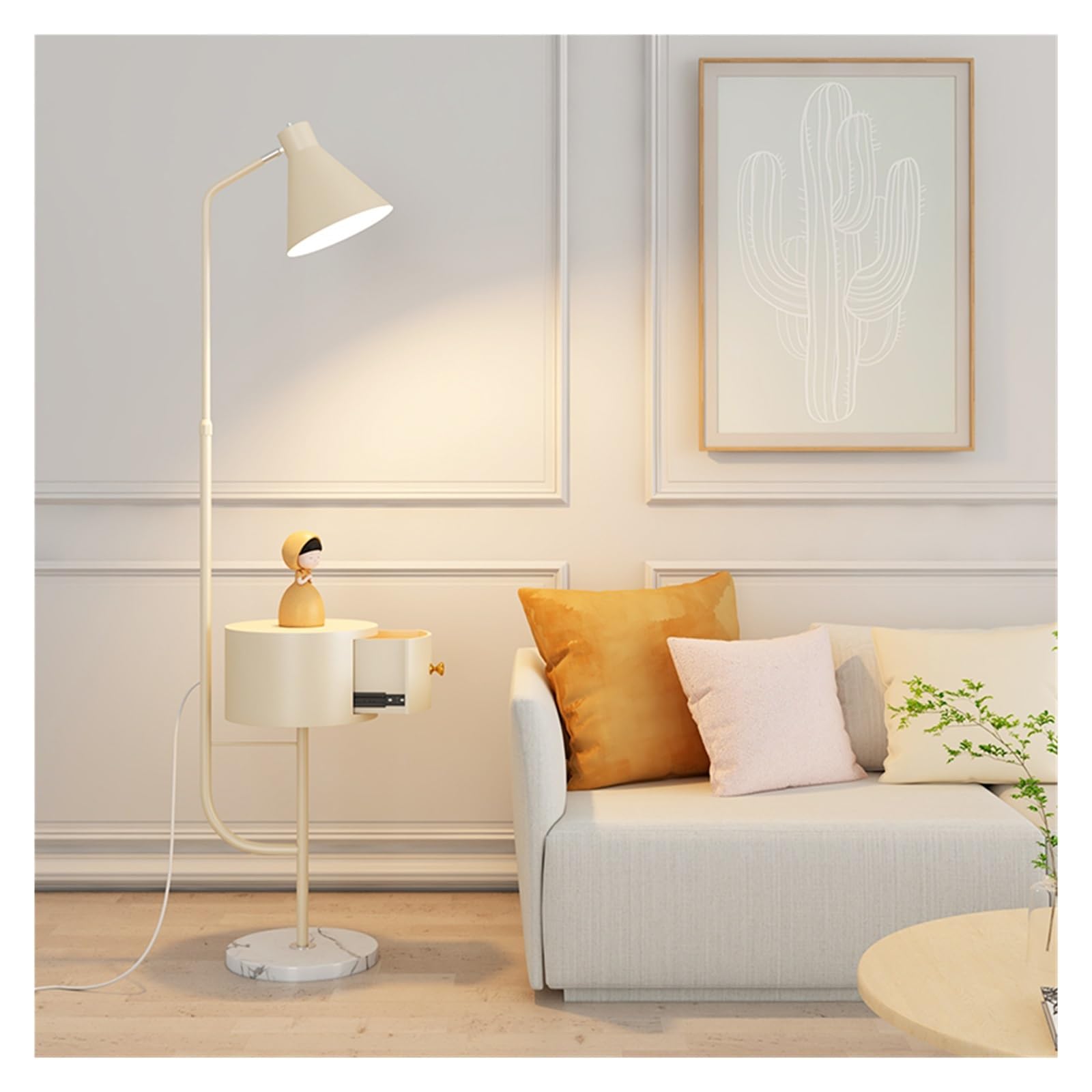 Z4T8M2K6G5 Tall Standing Lamp Floor Lamp with Table Modern Rustic Side with LED Bulb Tall Lamps for Bedroom Office(Beige)