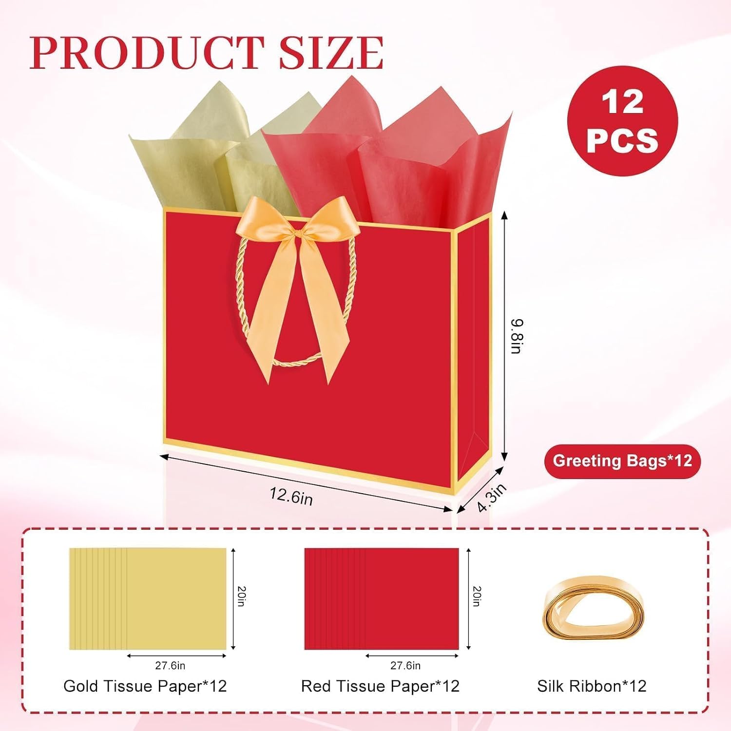 Xihaian 12 Pack Red Gold Gift Bags with Handles & Tissue Paper, Bow Ribbon image 2