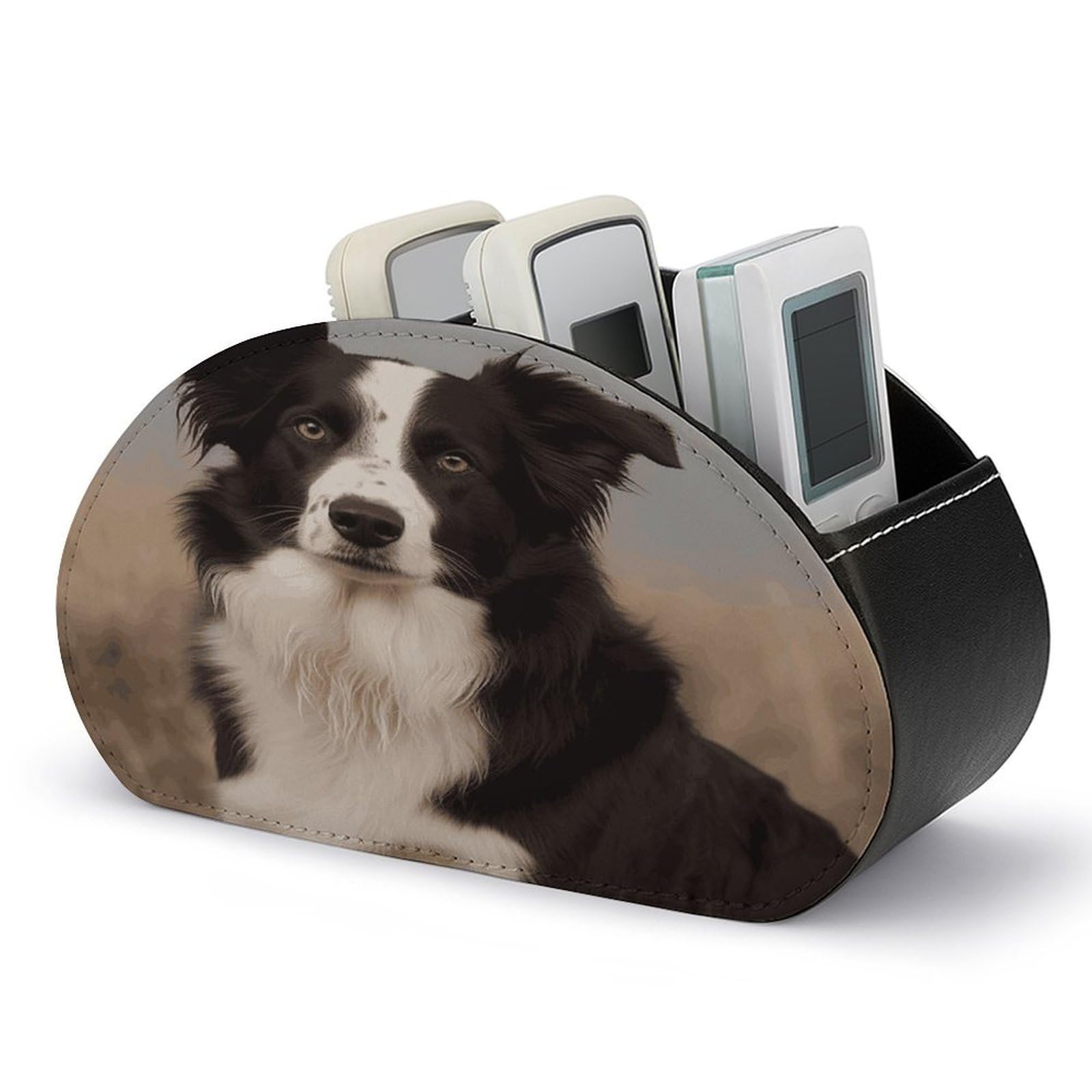 VstaDank Border Collie Remote Control Holder with 5 Compartments PU Leather Remote Caddy Desktop Organizer Store TV Remote Control Storage Box for Home Office Desk Nightstand