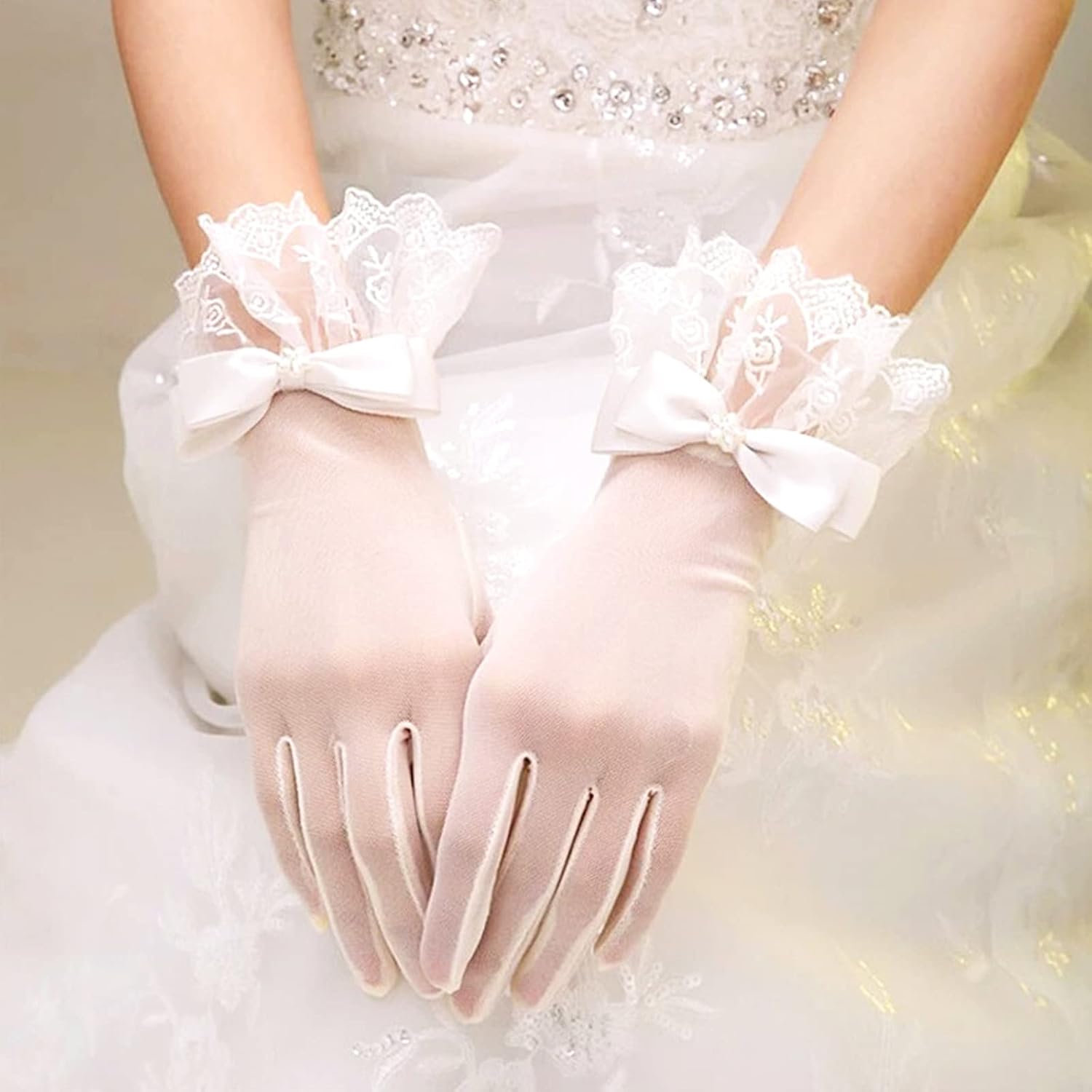 Women's Bridal Floral Short Lace Gloves, Women Wrist Length Gloves for Wedding Party