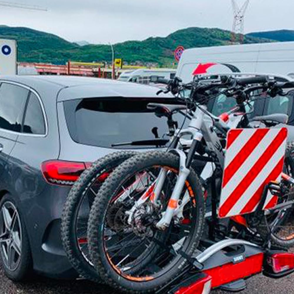 Panneau Avertissement Porte Vélos 50x50cm, 2 en 1 Italie et Espagne en aluminium avec 4 pièces de sangles de tension, Panneau de Signalisation Italien pour Porte vélo ou Moto,Caravane,remorque